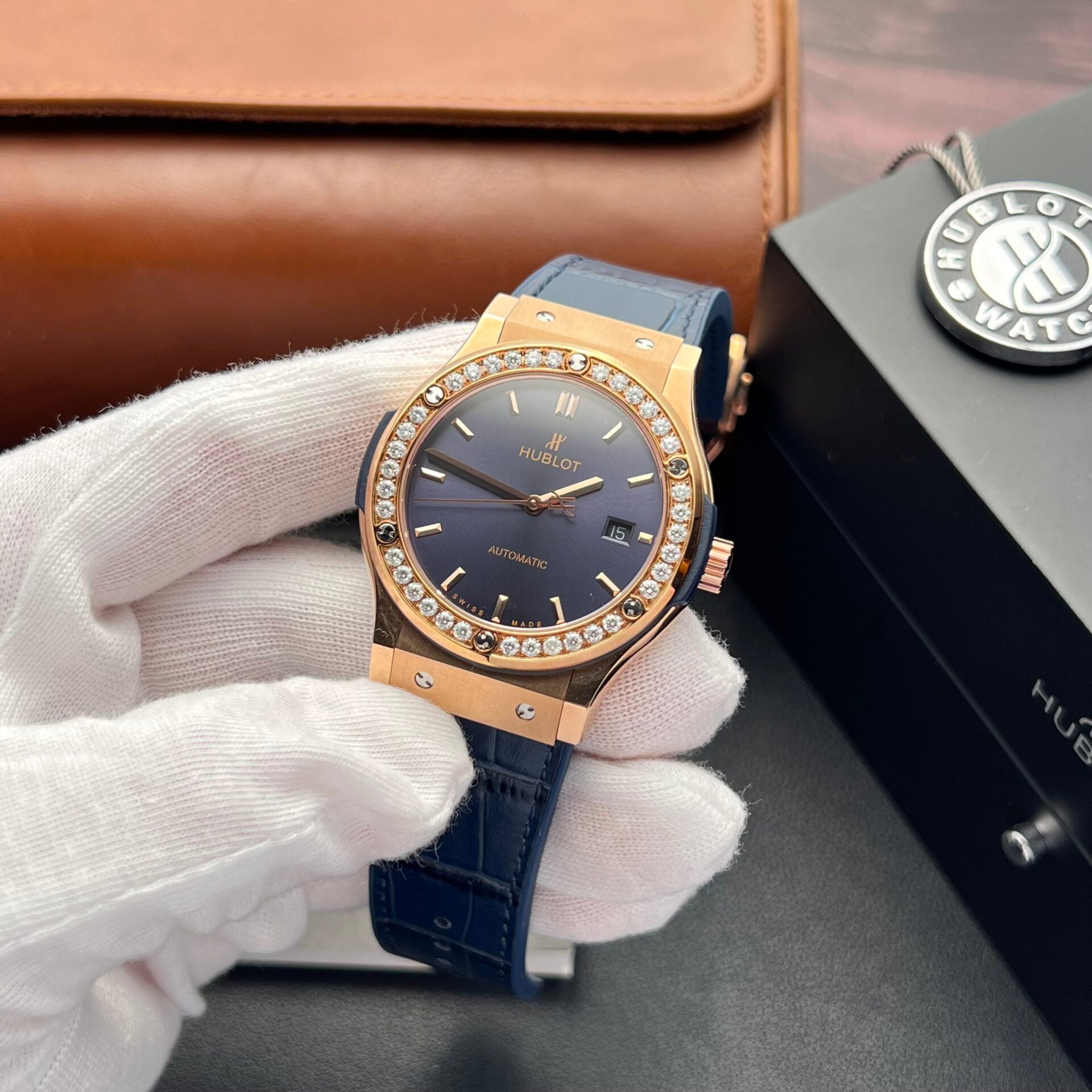 Hublot Watch Classic Fusion King Gold With Moissanite Diamonds Blue 42mm - Image 2