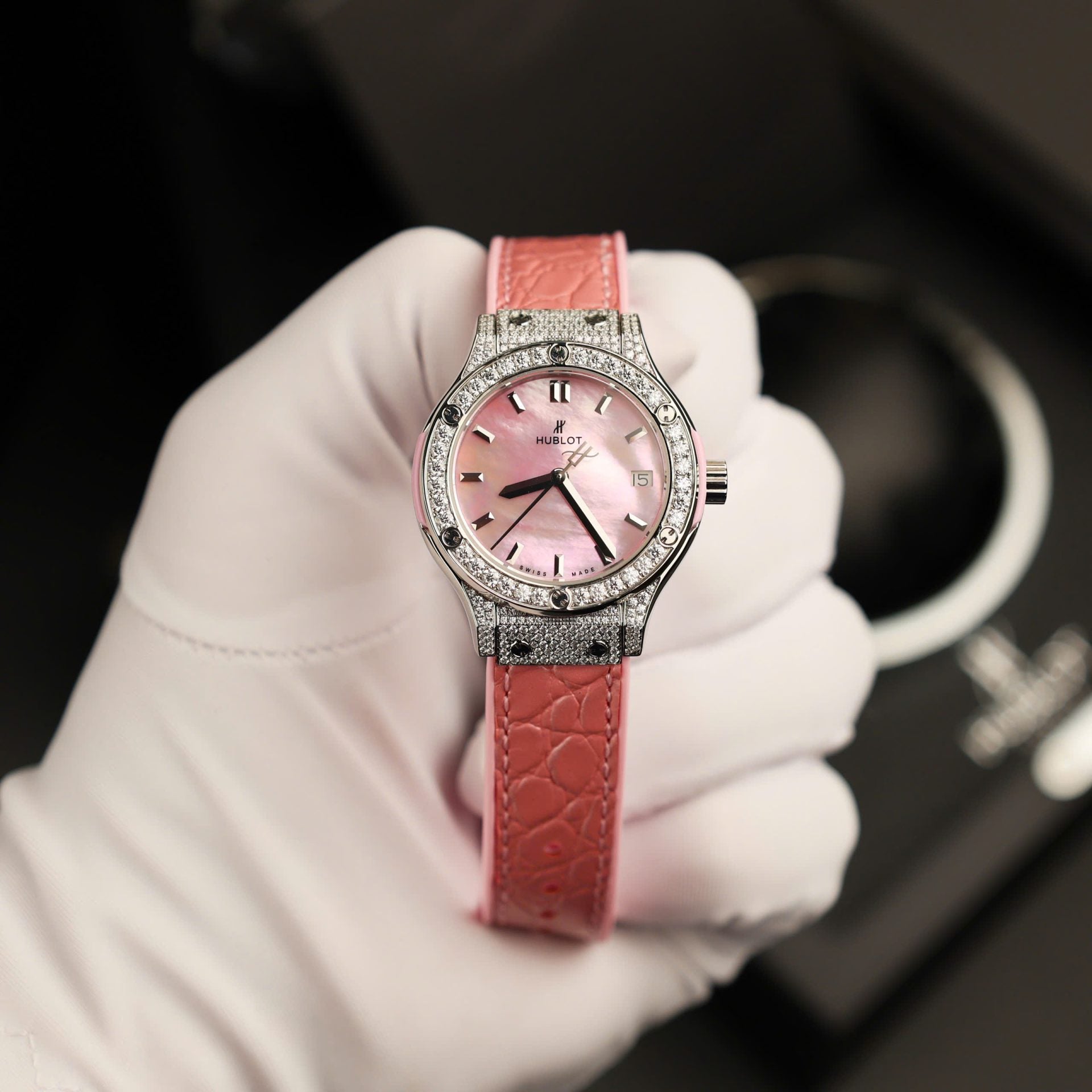 Hublot Classic Fusion Watch Mother Of Pearl Dial + Moissanite Diamonds 33mm