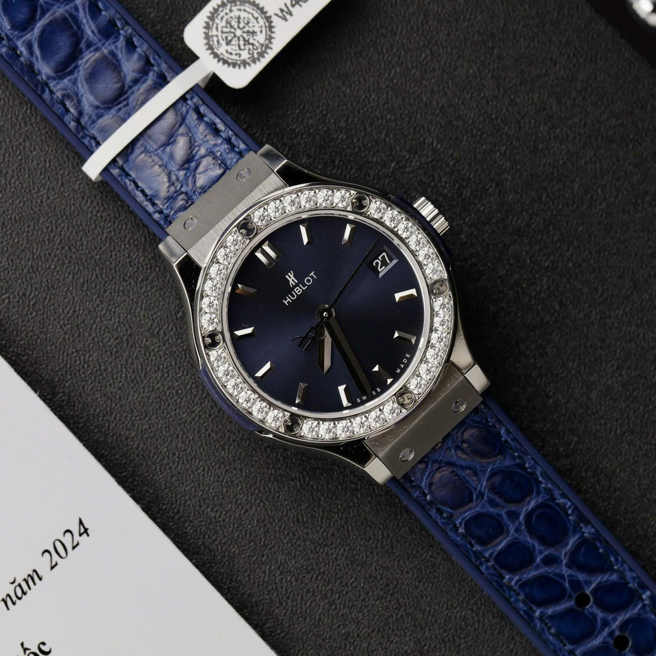 Hublot Classic Fusion Titanium Dial Blue Watch Moissanite Diamonds 33mm