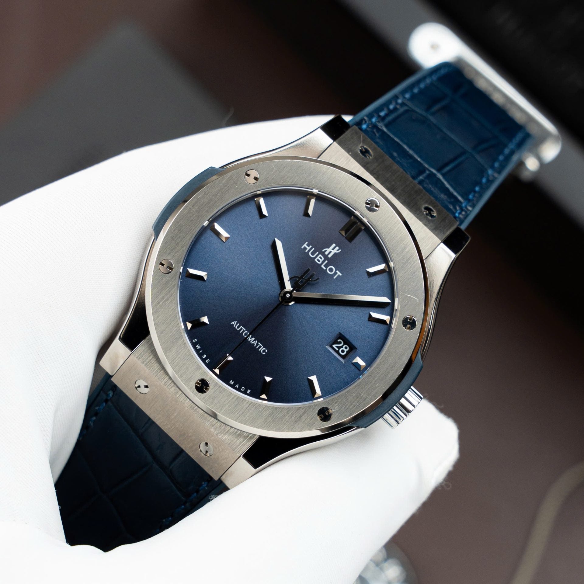 Hublot Classic Fusion Titanium Blue Watch Movement SW300 Crocodile Leather Strap 42mm - Image 3