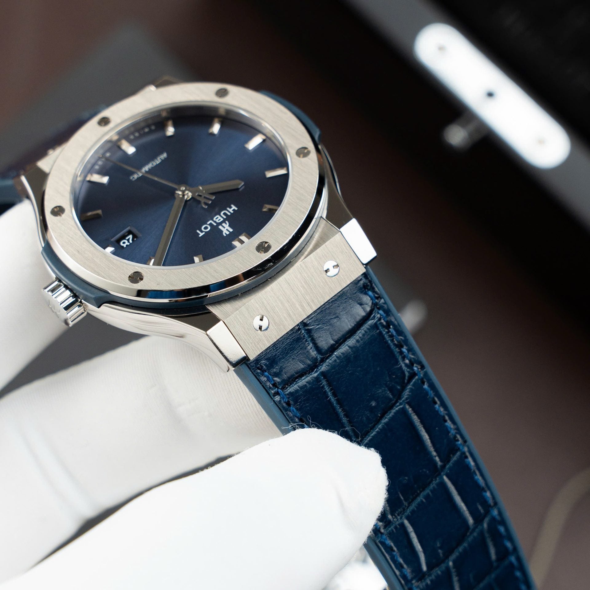 Hublot Classic Fusion Titanium Blue Watch Movement SW300 Crocodile Leather Strap 42mm - Image 5
