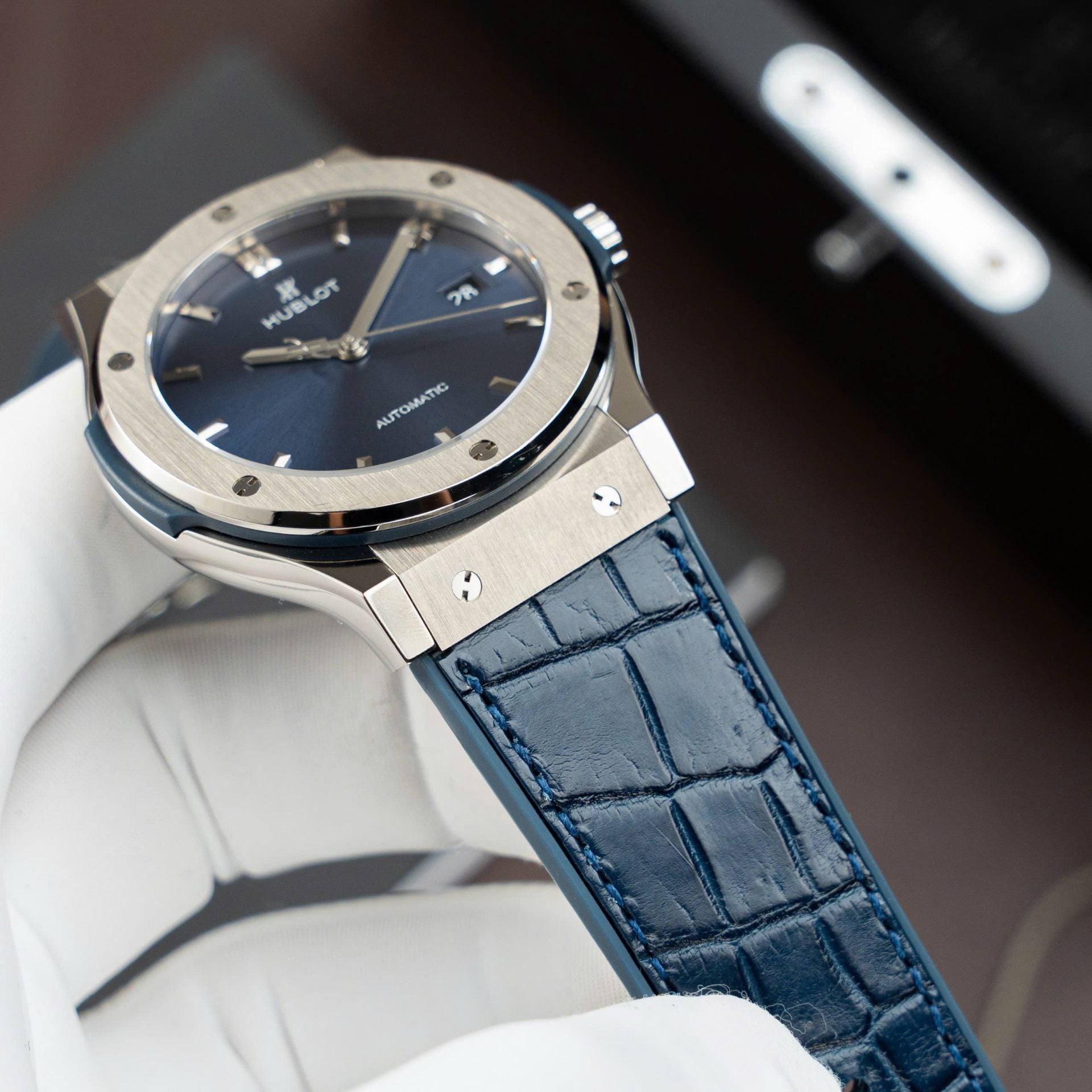 Hublot Classic Fusion Titanium Blue Watch Movement SW300 Crocodile Leather Strap 42mm - Image 4