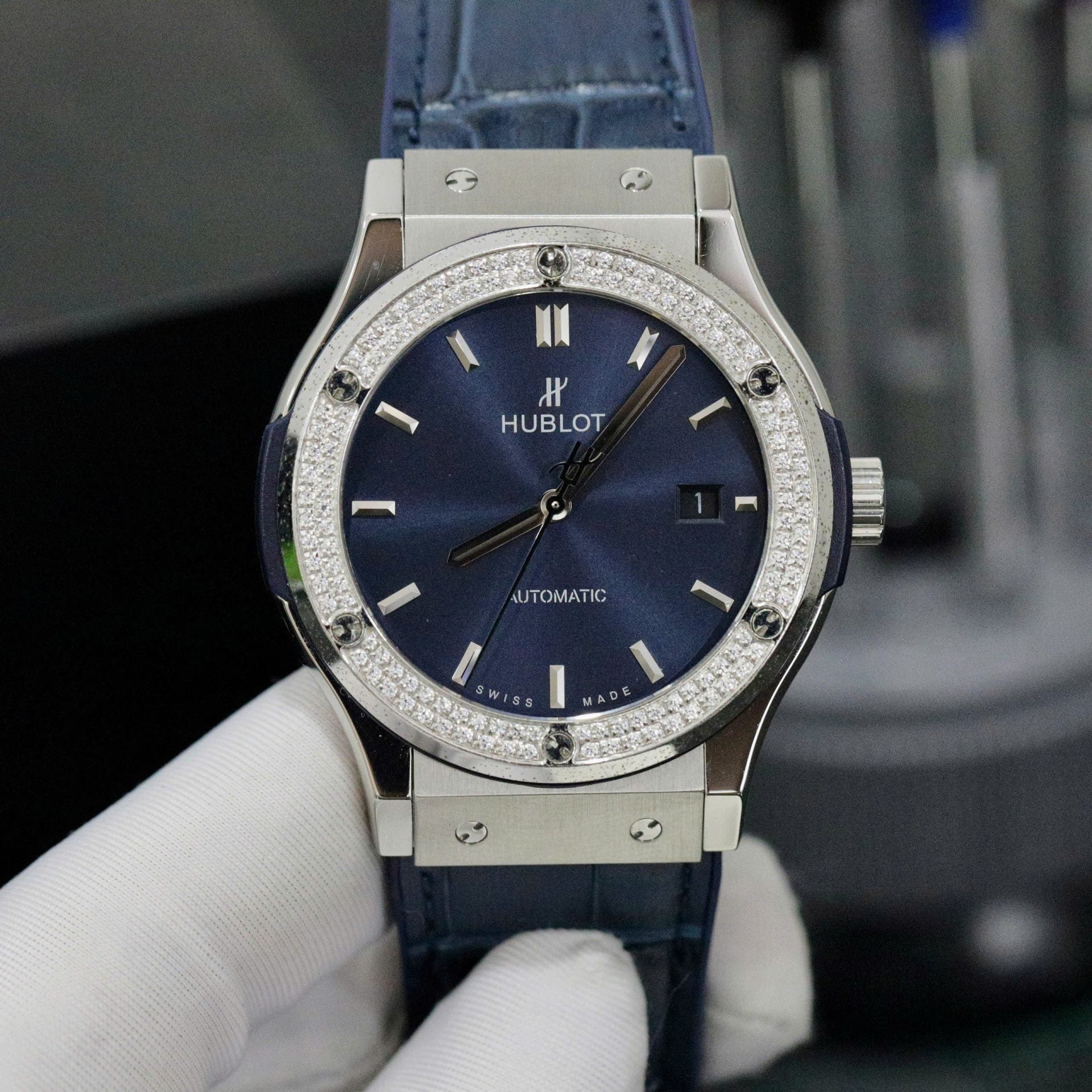 Hublot Classic Fusion Titanium Bezel Diamonds Blue Color Watch 42mm