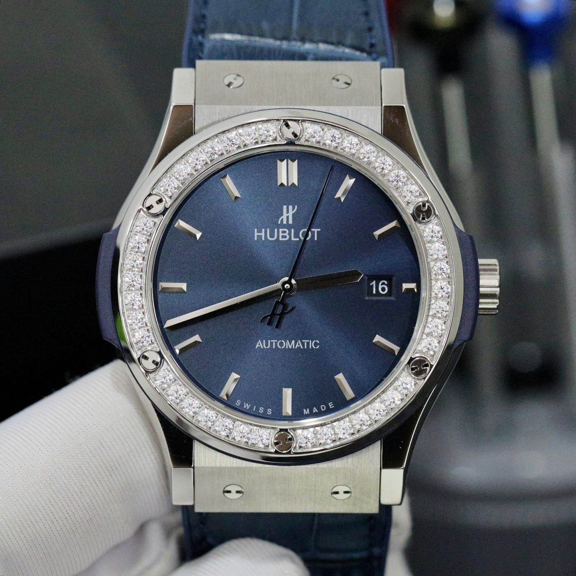 Hublot Classic Fusion Titanium Blue Dial Bezel Diamonds Watch 42mm