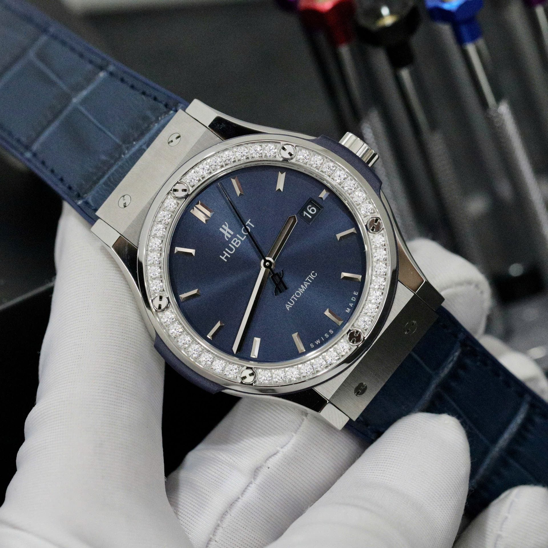 Hublot Classic Fusion Titanium Blue Dial Bezel Diamonds Watch 42mm - Image 3