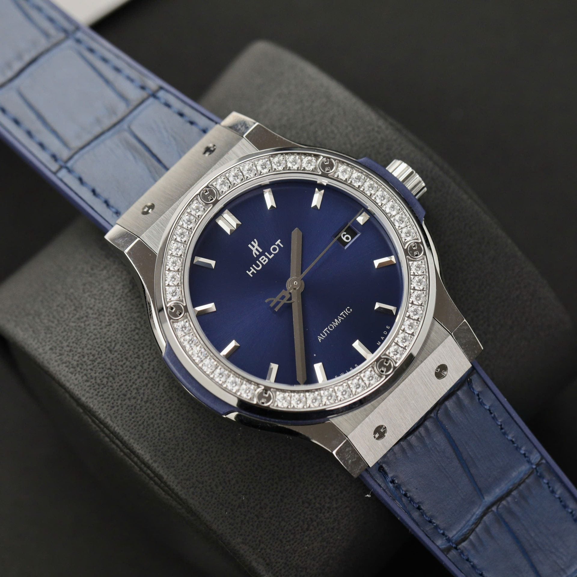Hublot Classic Fusion Titanium Watch Blue Dial Moissanite Diamonds 42mm - Image 2