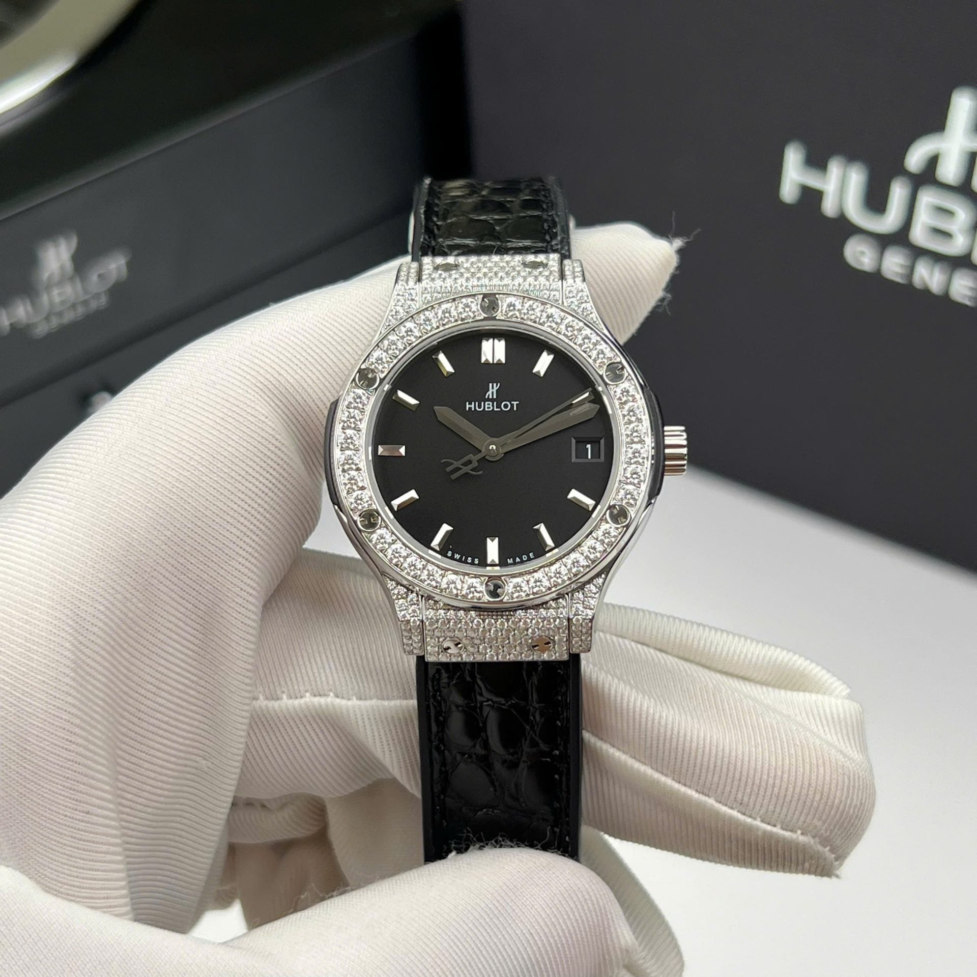 Hublot Classic Fusion Titanium Watch Black Moissanite Diamonds 33mm