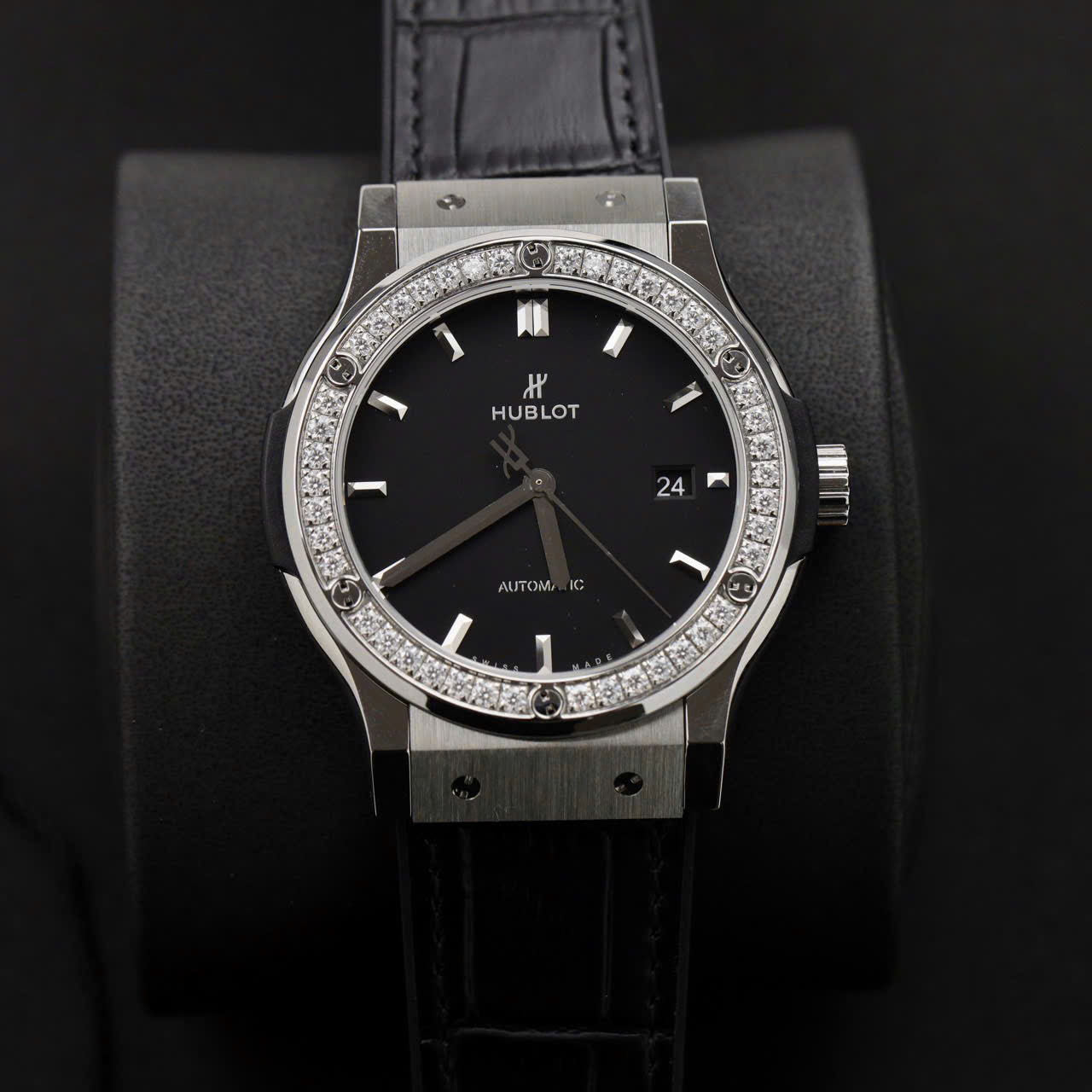 Hublot Classic Fusion Titanium Watch Black Dial Moissanite Diamonds 42mm