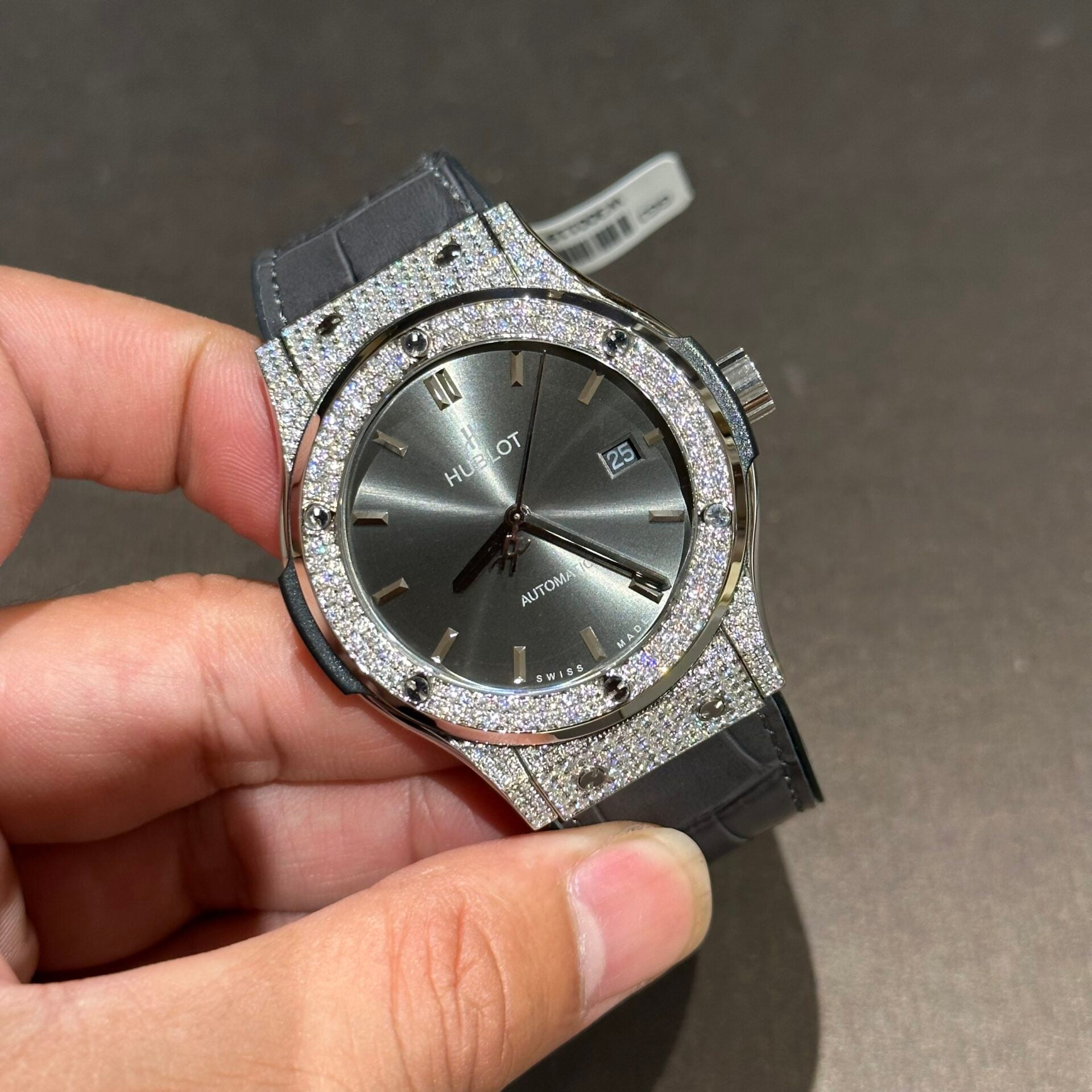 Hublot Watch With Full Diamond Moissanite Diamonds Gray Dial Leather Strap 42mm - Image 2