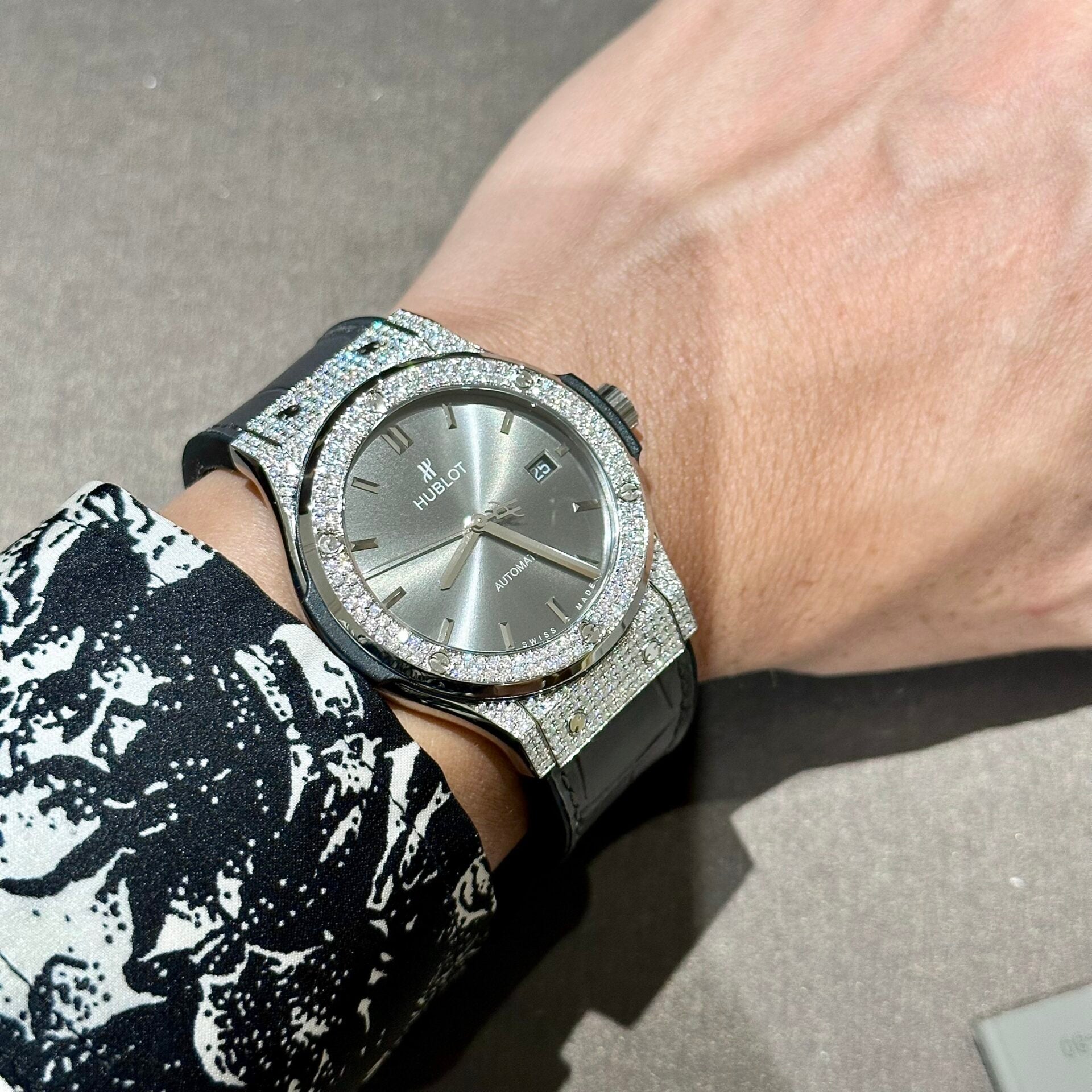 Hublot Watch With Full Diamond Moissanite Diamonds Gray Dial Leather Strap 42mm - Image 5