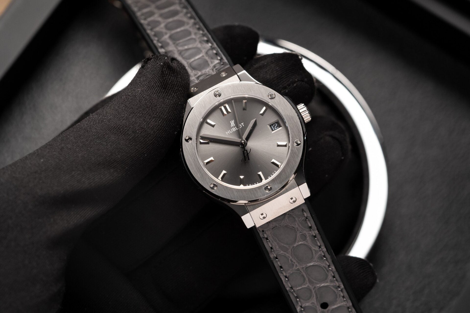 Hublot Women Watch Gray Dial Leather Strap 33mm