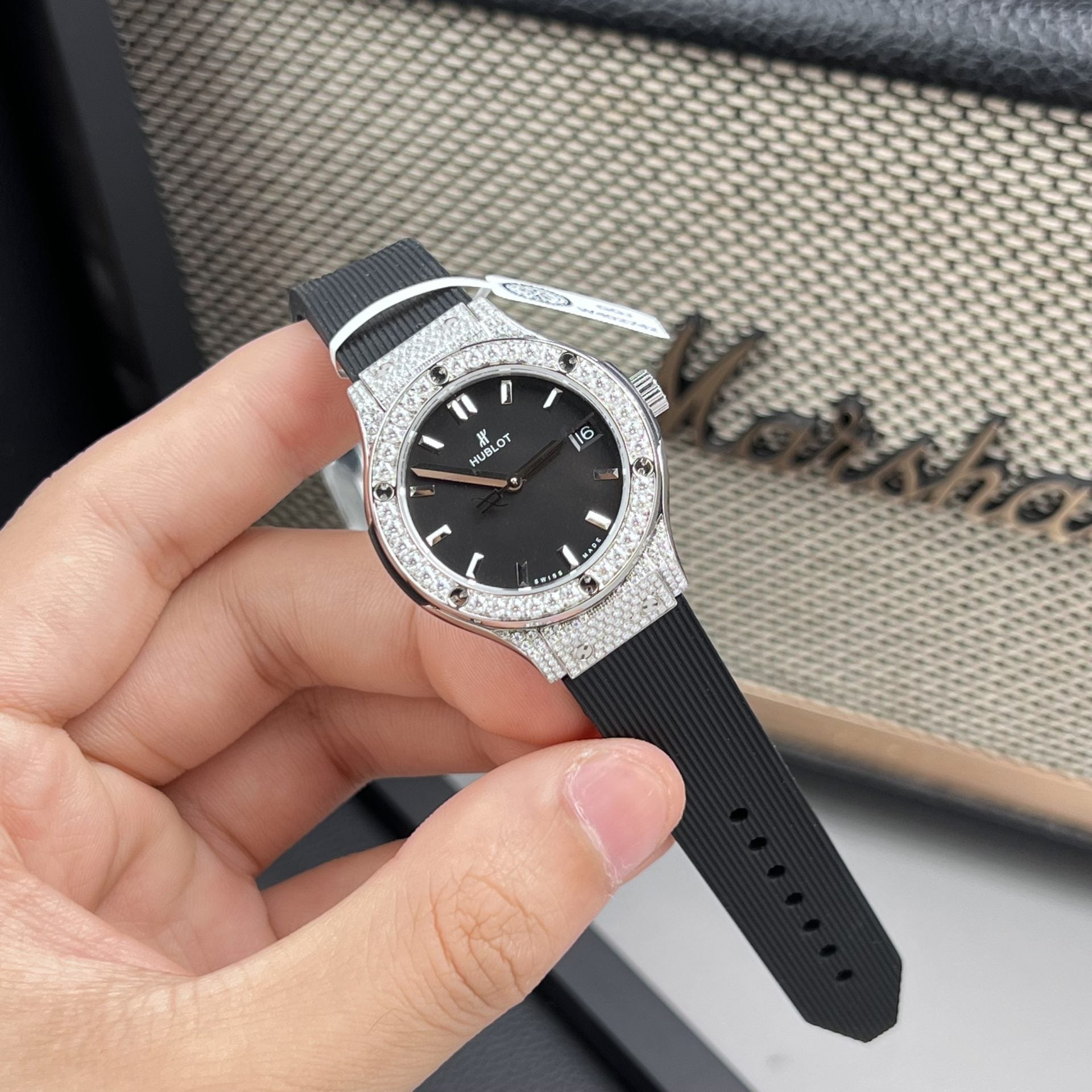 Hublot Classic Fusion Watch Black Dial Moissanite Diamonds 33mm