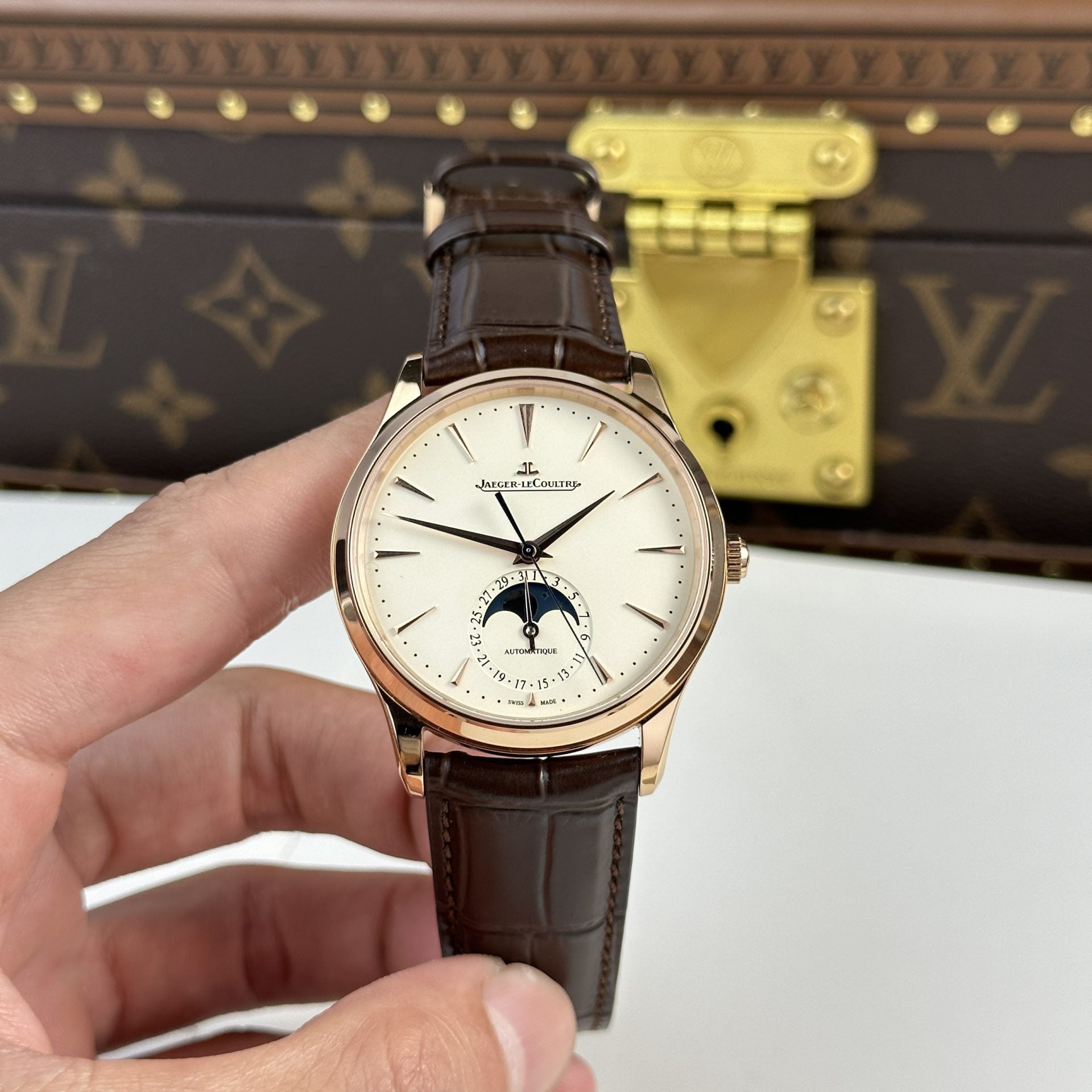 Jaeger LeCoultre Watch Ultrathin Moon Rose Gold Leather Strap 39mm