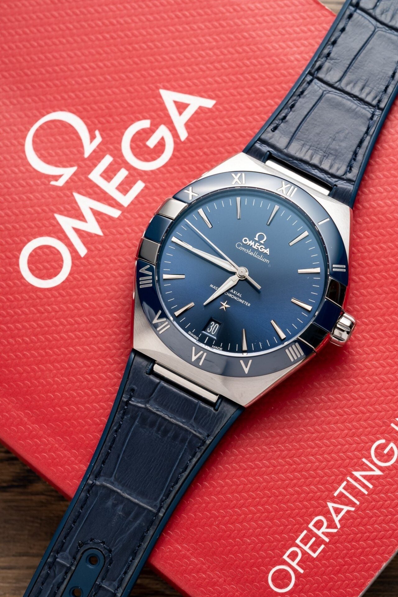 Omega Constellation Watch Blue Dial Leather Strap 41mm