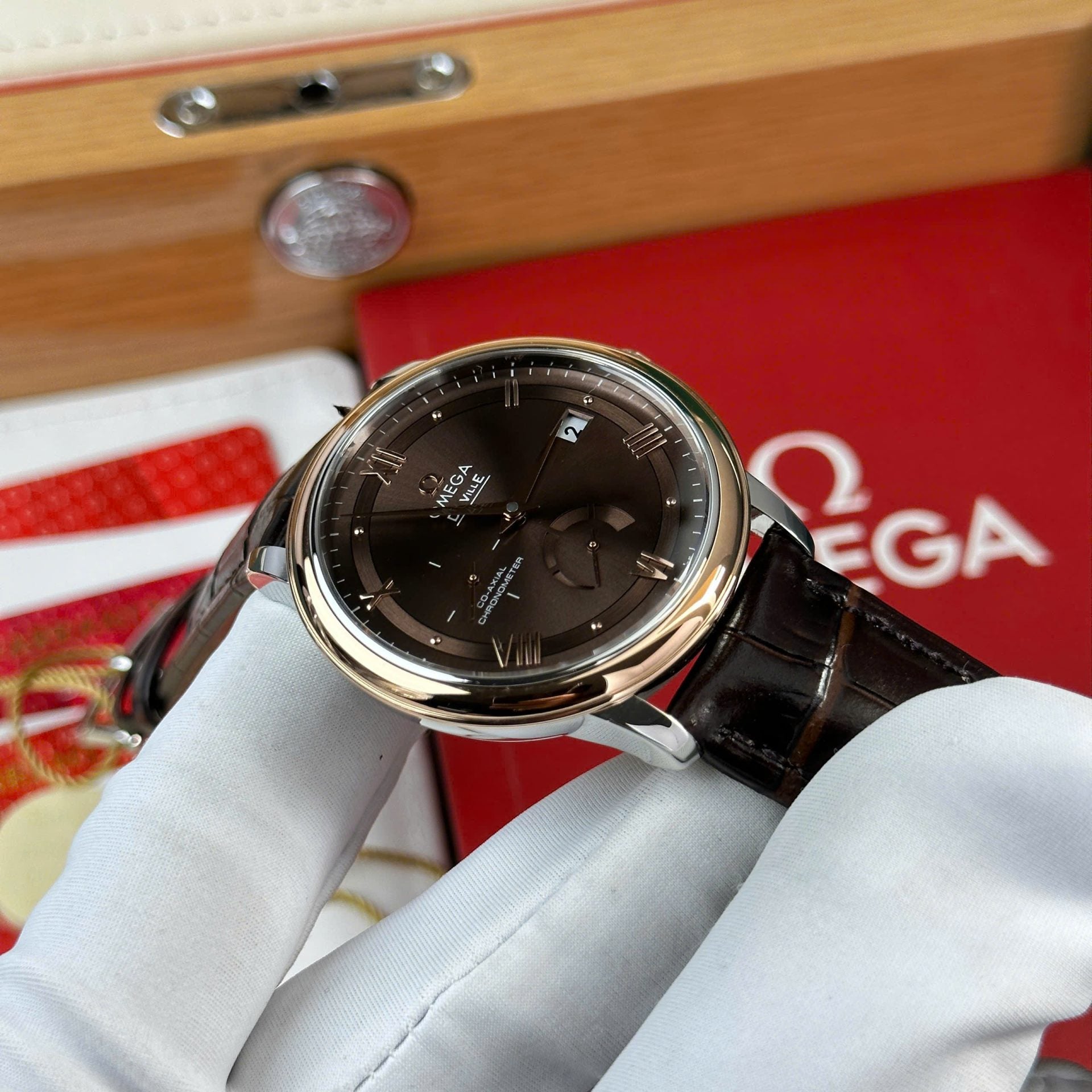 Omega De Ville Prestige Power Reserve Watch Dial Chocolate Leather Strap 39.5mm - Image 5