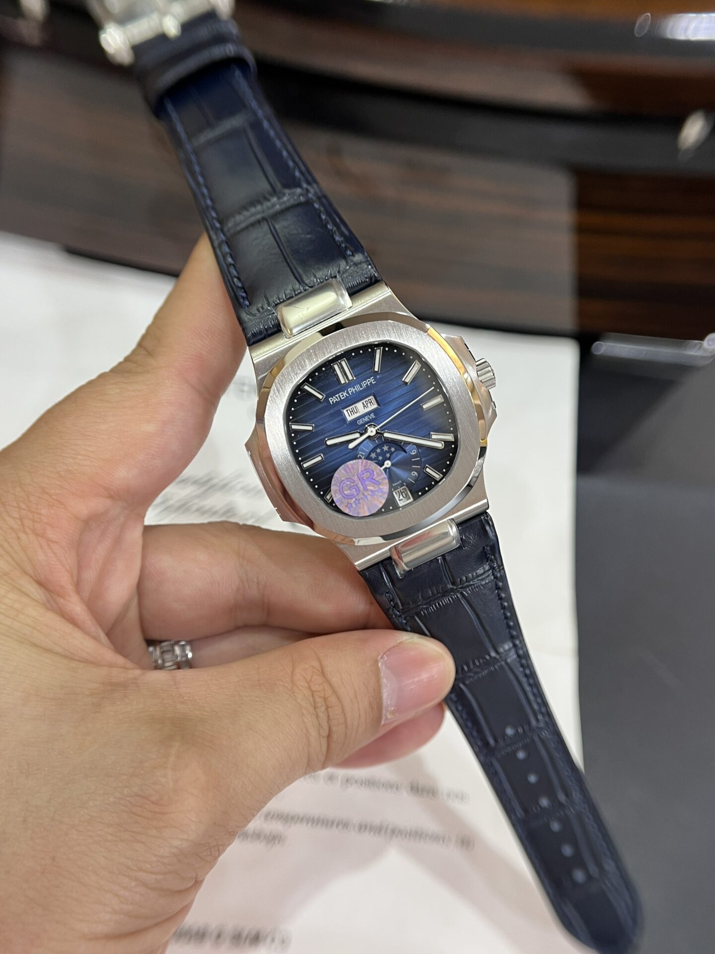 Patek Philippe Nautilus 5726G Watch Blue Leather Strap 40.5mm - Image 3