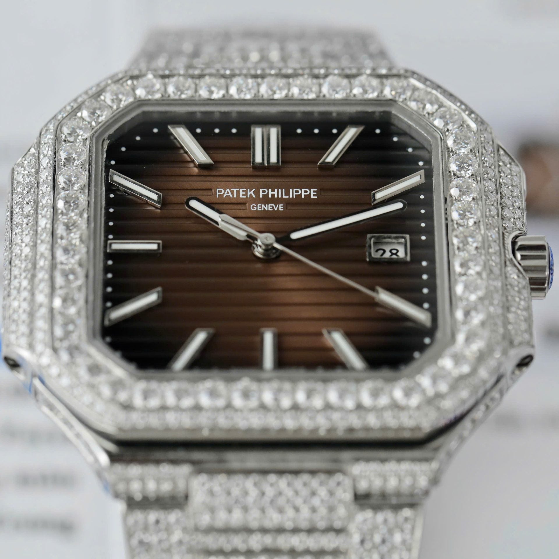 Patek Philippe Cubitus 5821 Dial Brown Watch Full Diamonds Moissanite 45mm - Image 5