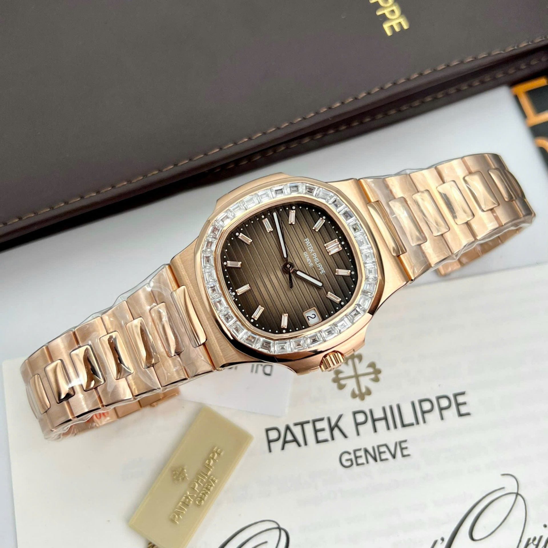 Patek Philippe Nautilus 5723 Brown Dial Watch 18K Gold Wrapped + Moissanite Diamonds Baguette 40mm