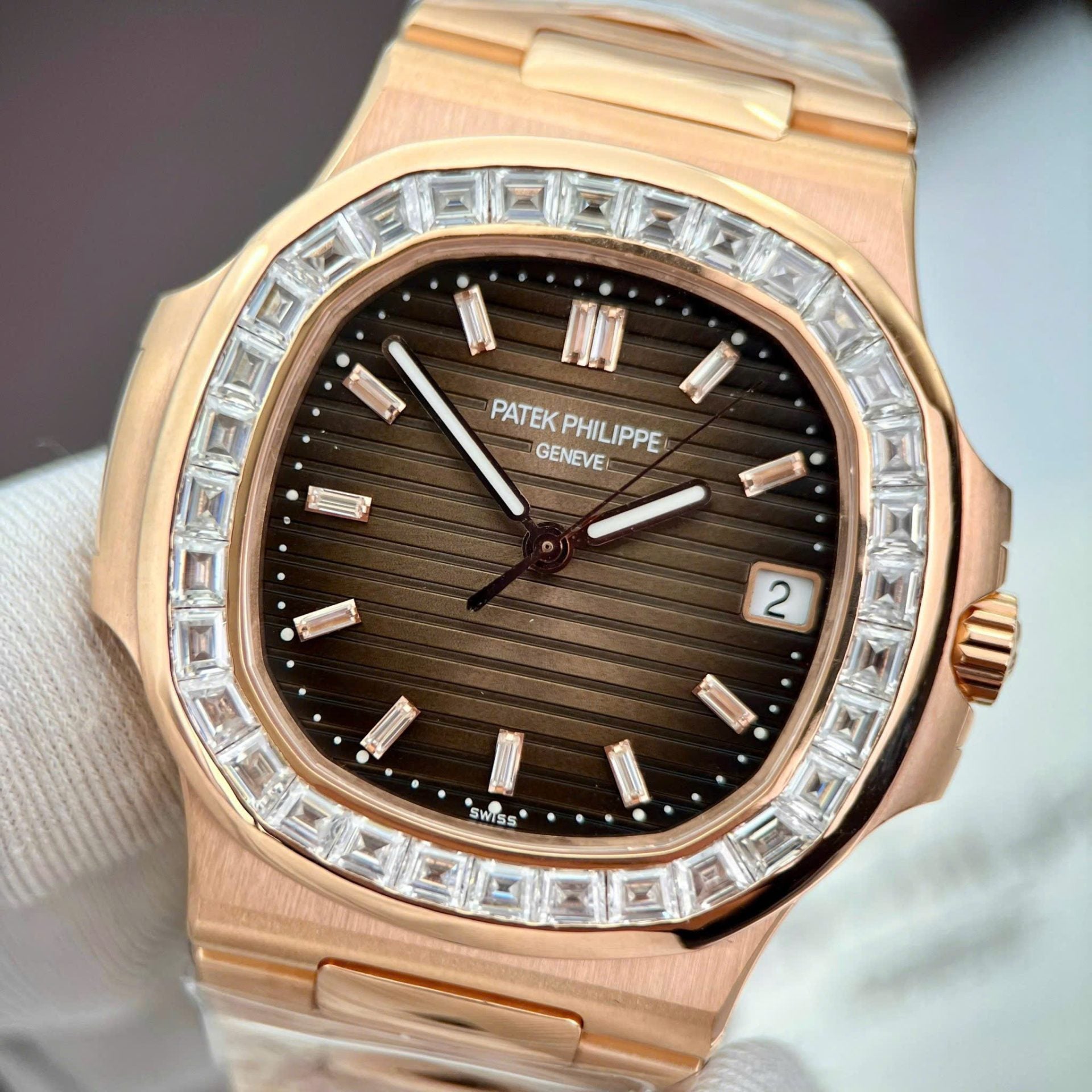 Patek Philippe Nautilus 5723 Brown Dial Watch 18K Gold Wrapped + Moissanite Diamonds Baguette 40mm - Image 2