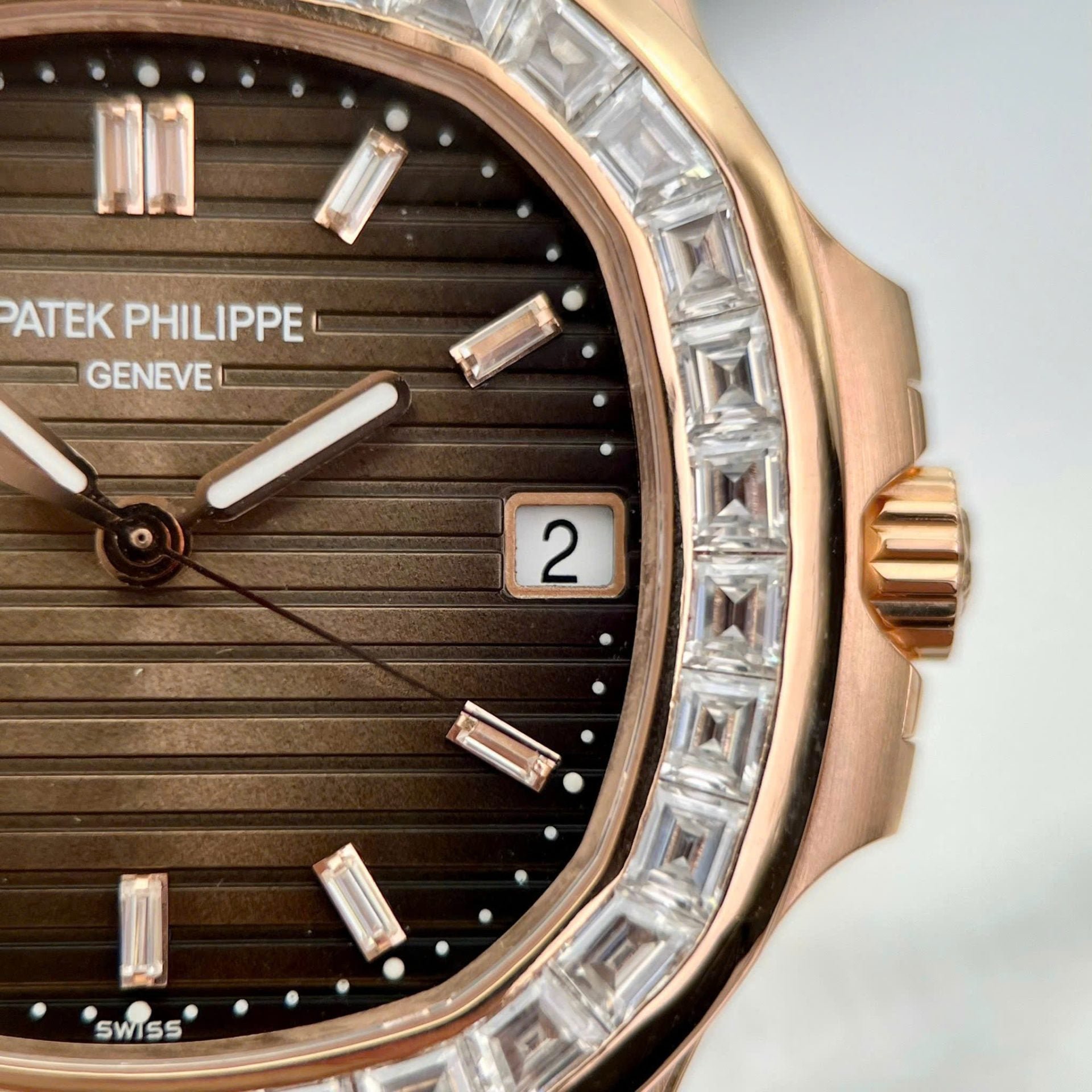 Patek Philippe Nautilus 5723 Brown Dial Watch 18K Gold Wrapped + Moissanite Diamonds Baguette 40mm - Image 5