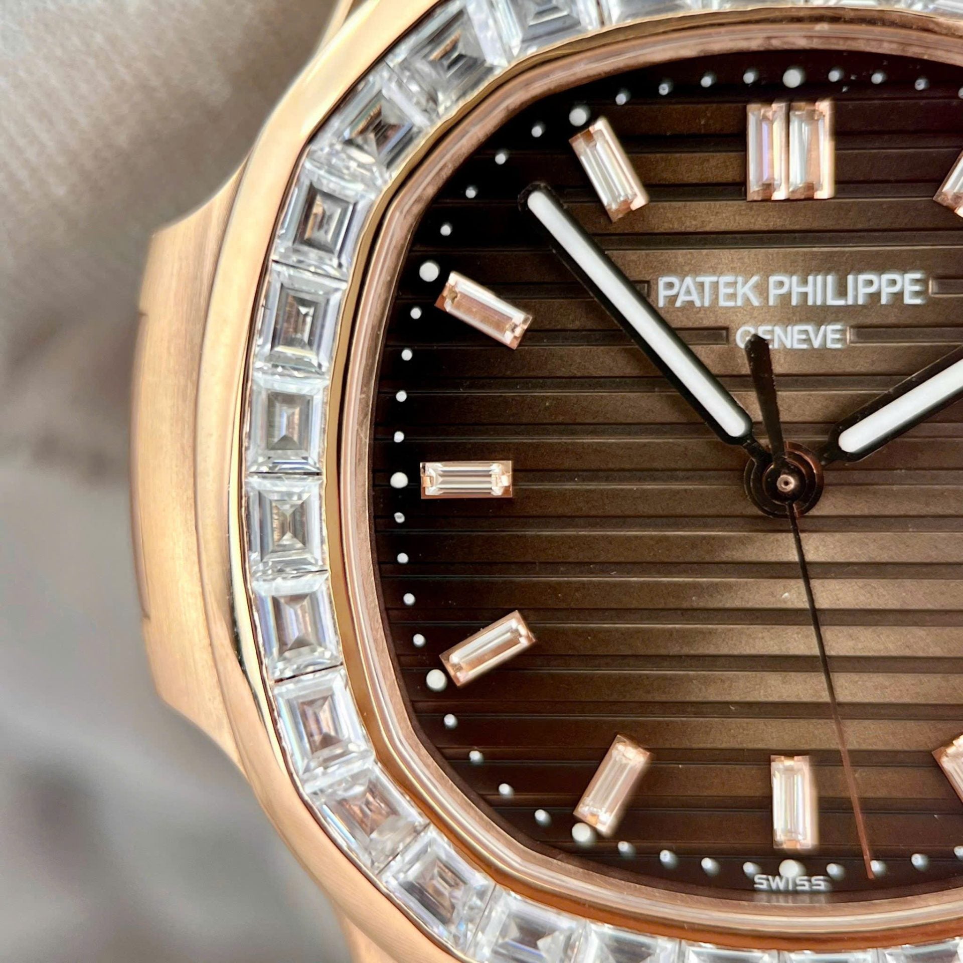 Patek Philippe Nautilus 5723 Brown Dial Watch 18K Gold Wrapped + Moissanite Diamonds Baguette 40mm - Image 4