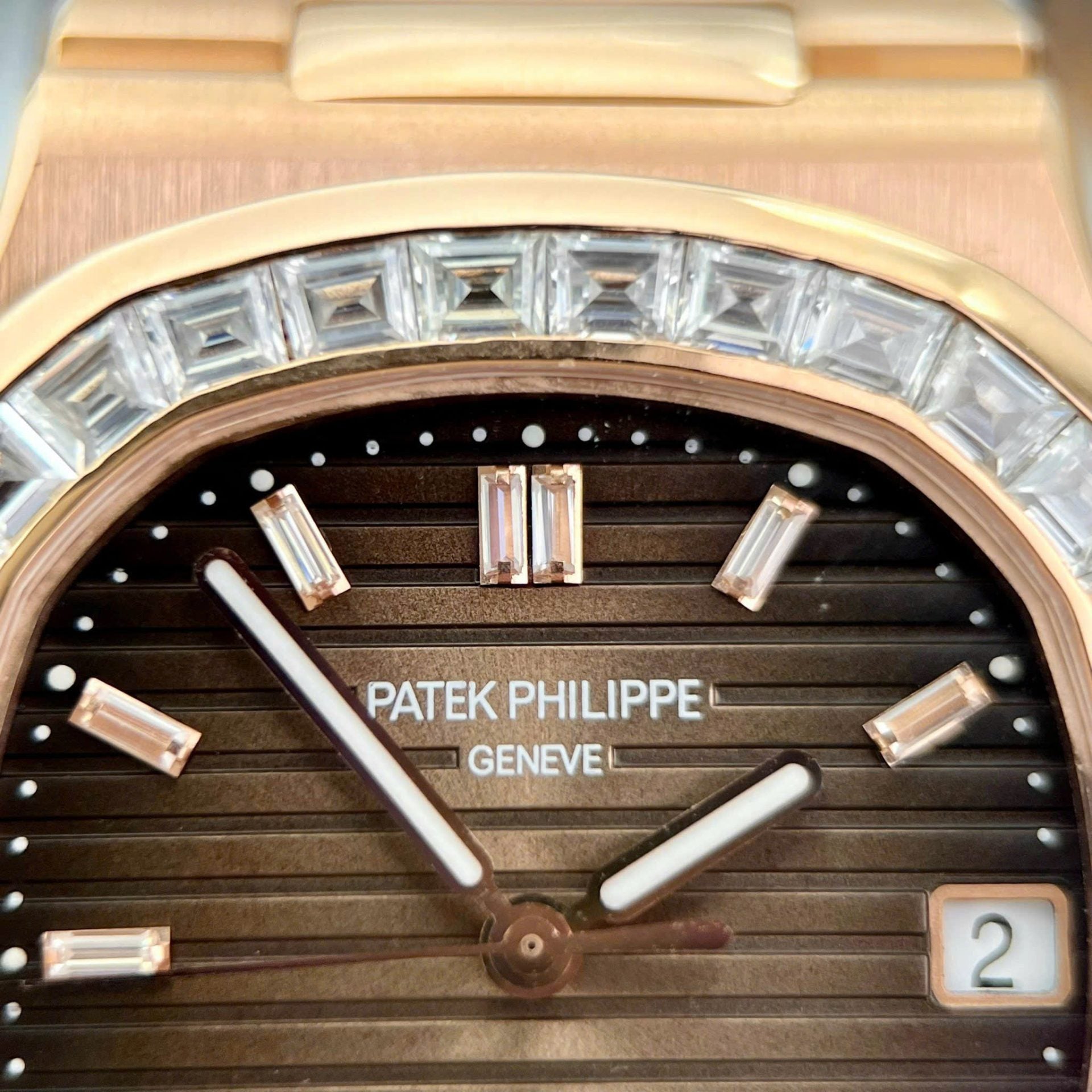 Patek Philippe Nautilus 5723 Brown Dial Watch 18K Gold Wrapped + Moissanite Diamonds Baguette 40mm - Image 3