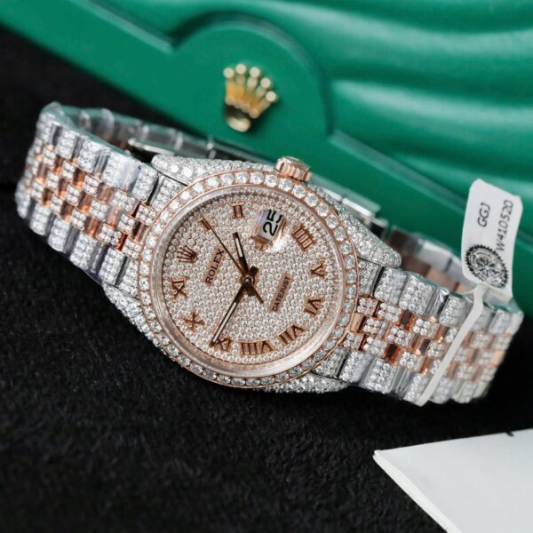 Rolex DateJust Watch 18K Gold Wrapped + Full Moissanite Diamonds 36mm - Image 2