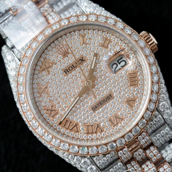 Rolex DateJust Watch 18K Gold Wrapped + Full Moissanite Diamonds 36mm - Image 4