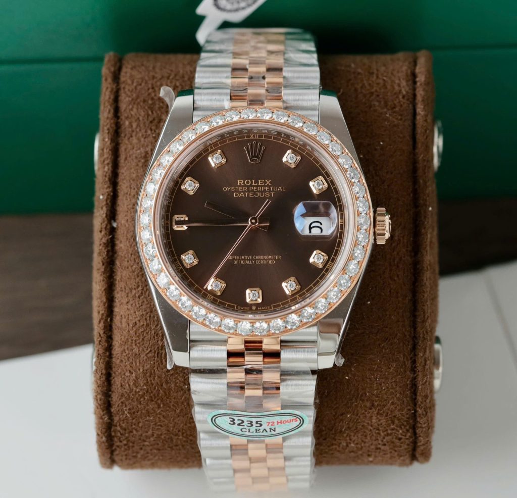 Đồng Hồ Rolex DateJust Nam Mặt Chocolate Replica 11 Viền Đính Kim Cương Moissanite Xưởng Clean 41mm (2)