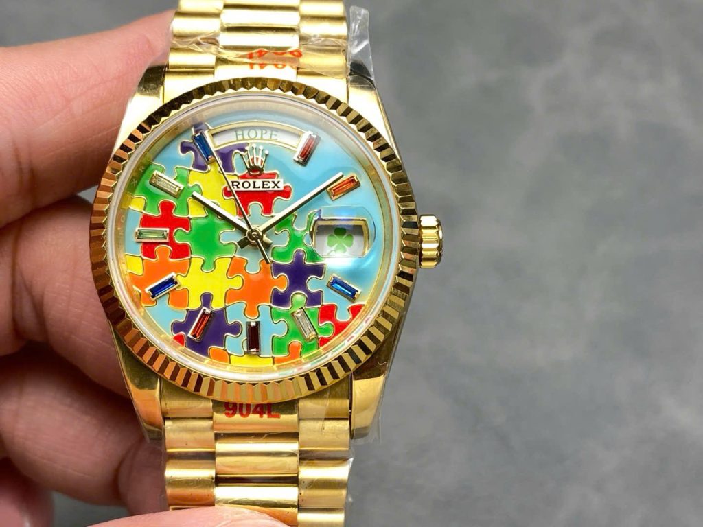 Đồng Hồ Rolex Day-Date 128238 Chế Tác Mặt Số Puzzle Emoji Jigsaw Motif 36mm (8)