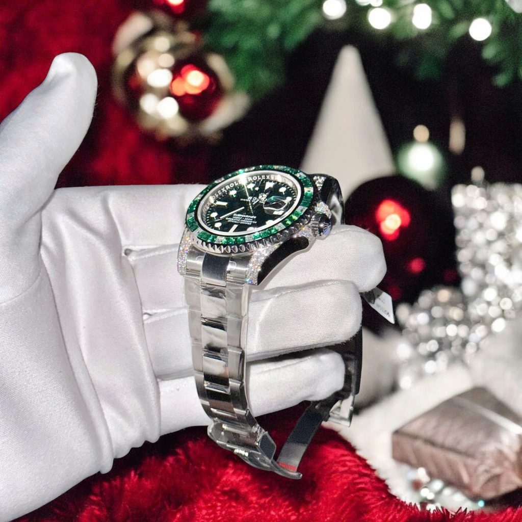 Đồng Hồ Rolex Submariner Mặt Xanh Lá Cây Chế Tác Đính Moissanite + Sapphire Tổng Hợp 41mm (2)