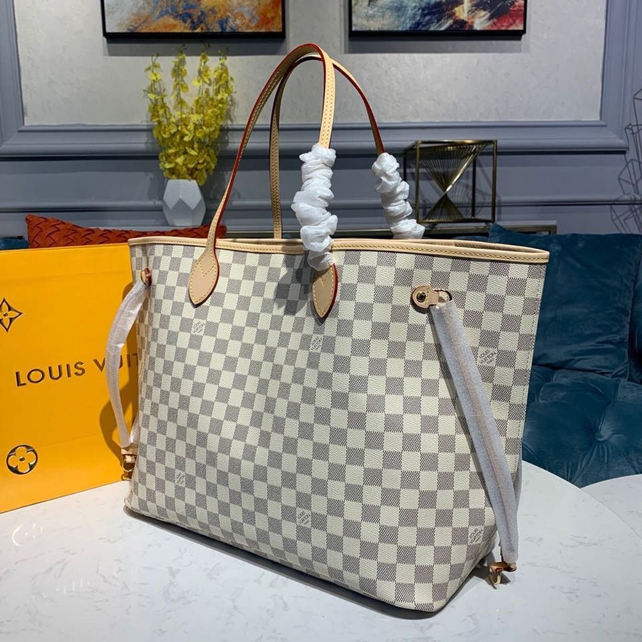 Louis Vuitton Neverfull GM Bag 40cm Damier Azur Canvas Fall/Winter Collection N41360, Beige - Image 4