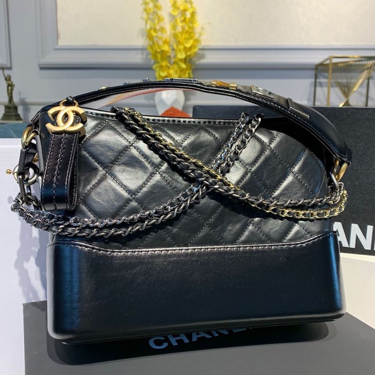 Chanel Gabrielle Hobo Bag 20cm Aged Calfskin Leather Bi-Color Gold/Silver Strap Spring/Summer Act 1 Collection, Black