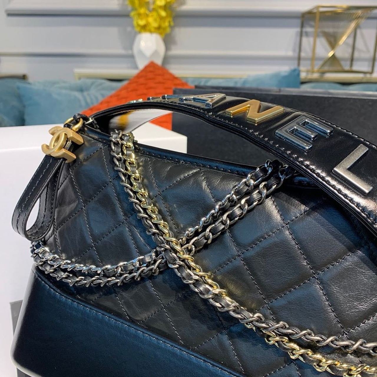 Chanel Gabrielle Hobo Bag 20cm Aged Calfskin Leather Bi-Color Gold/Silver Strap Spring/Summer Act 1 Collection, Black - Image 3