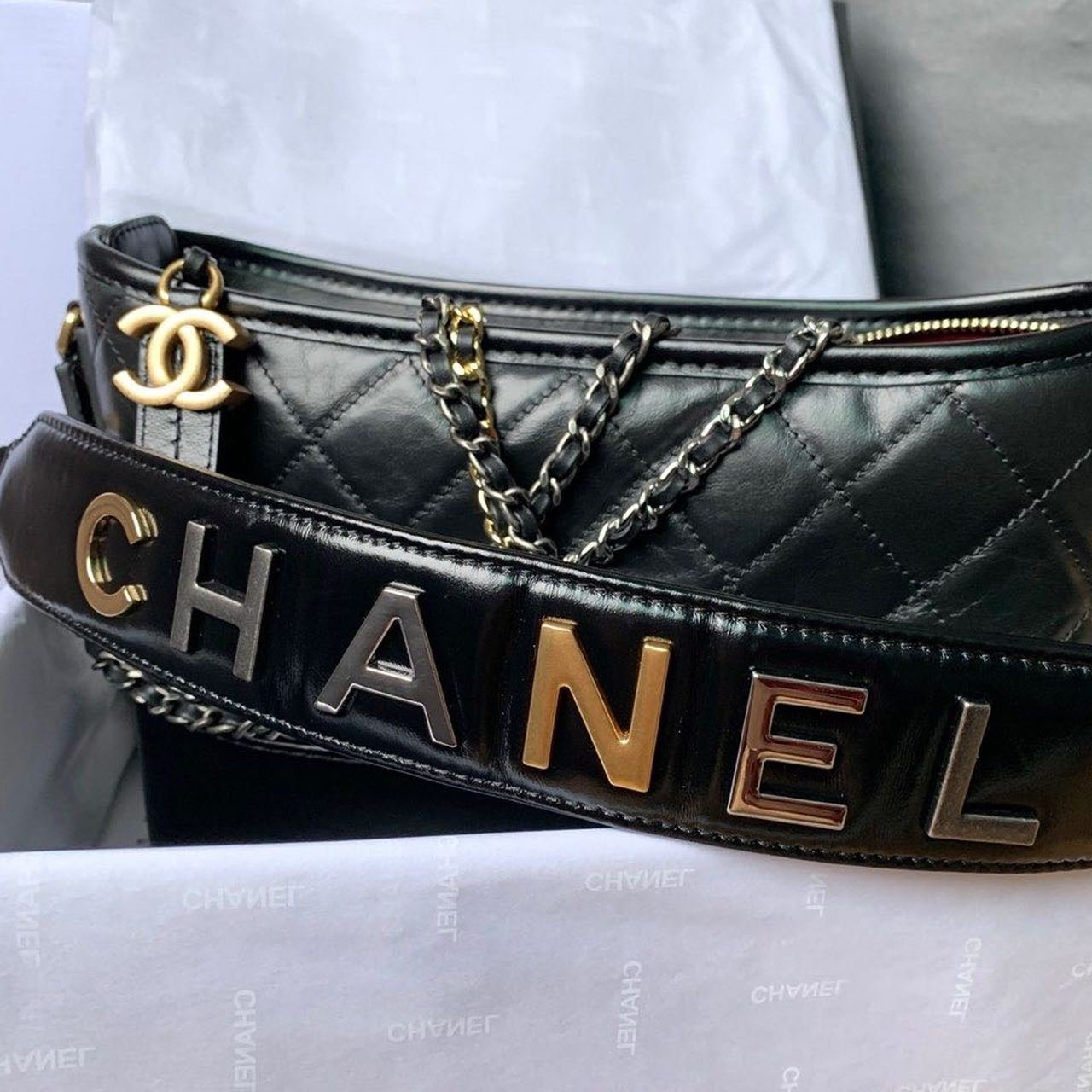 Chanel Gabrielle Hobo Bag 20cm Aged Calfskin Leather Bi-Color Gold/Silver Strap Spring/Summer Act 1 Collection, Black - Image 6