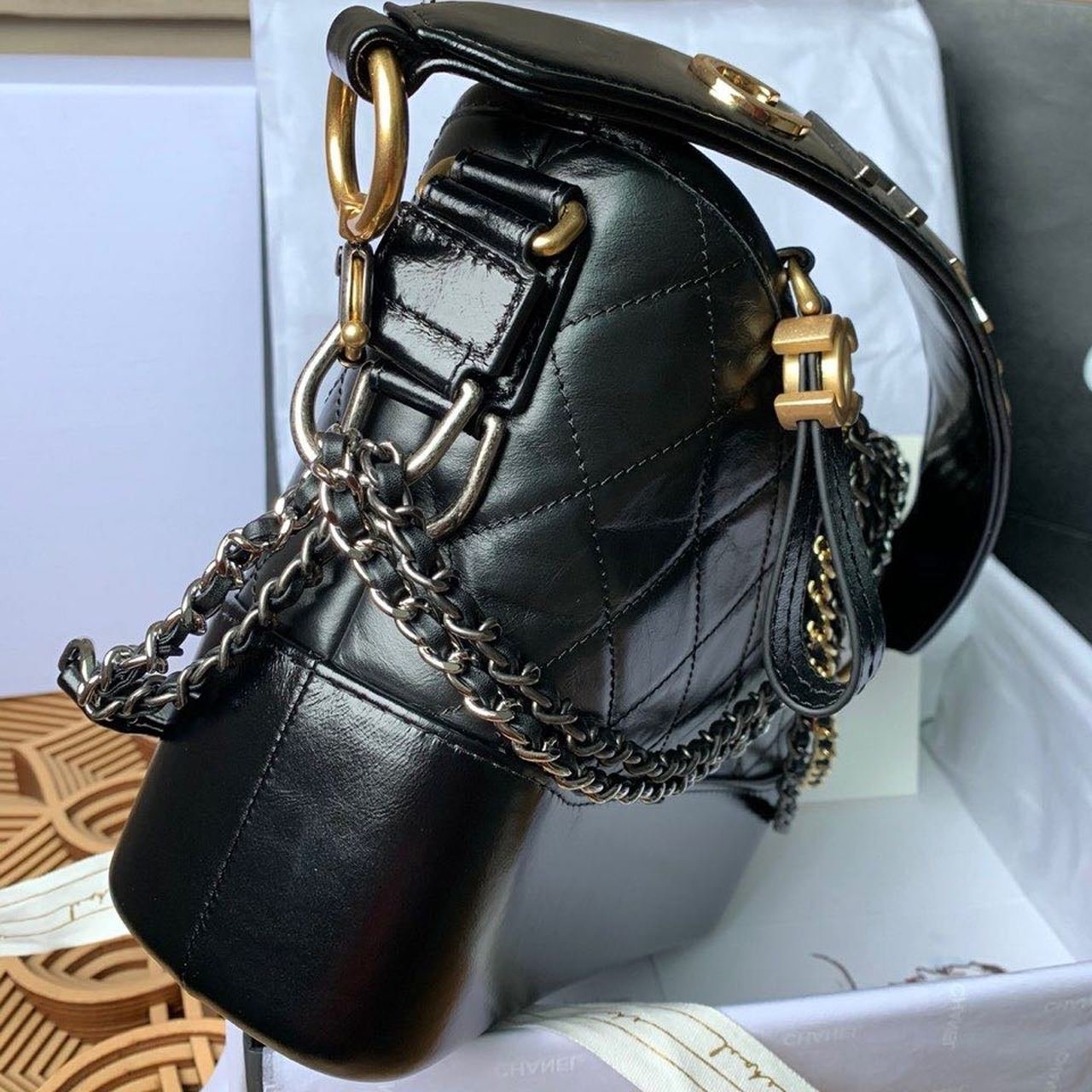 Chanel Gabrielle Hobo Bag 20cm Aged Calfskin Leather Bi-Color Gold/Silver Strap Spring/Summer Act 1 Collection, Black - Image 8