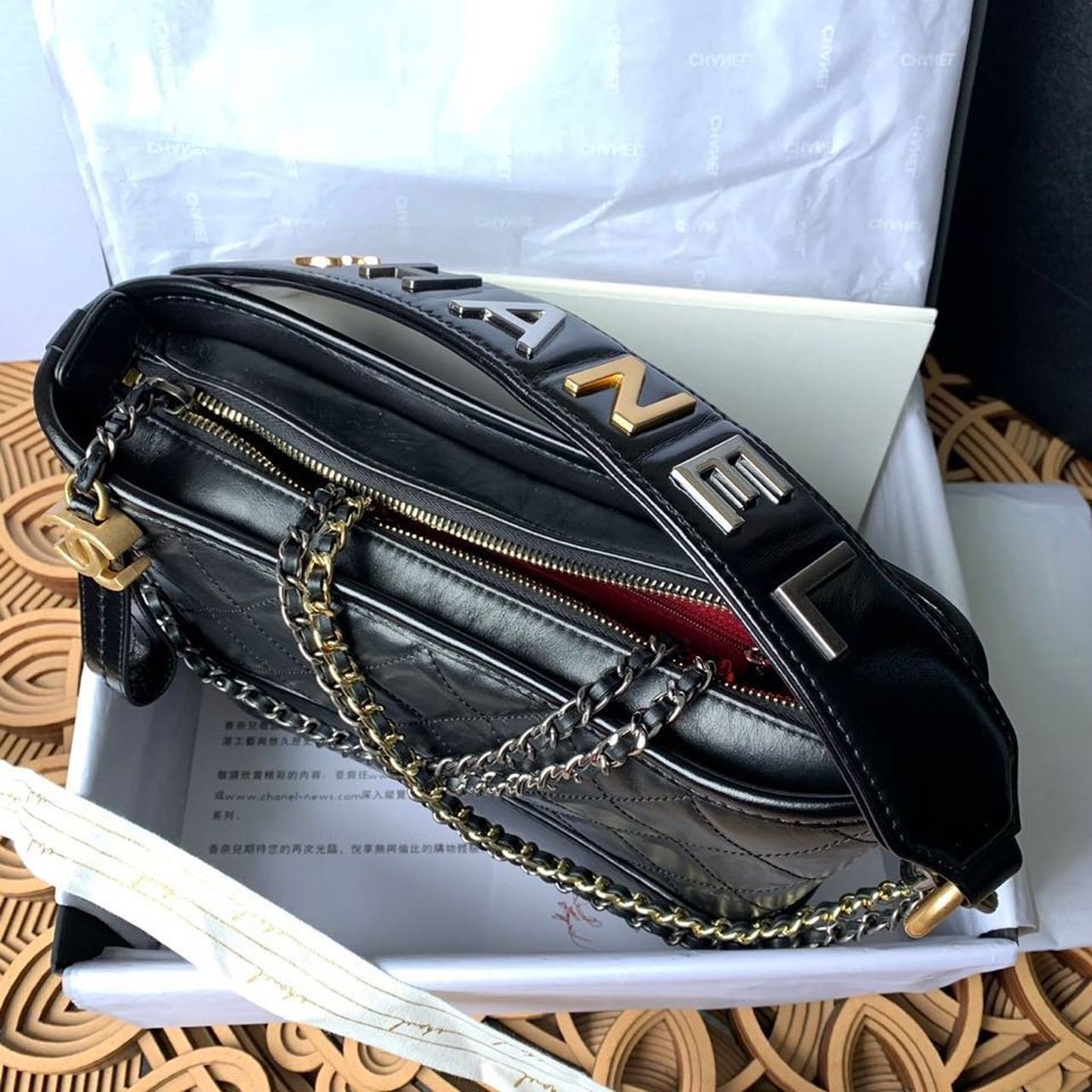 Chanel Gabrielle Hobo Bag 20cm Aged Calfskin Leather Bi-Color Gold/Silver Strap Spring/Summer Act 1 Collection, Black - Image 9