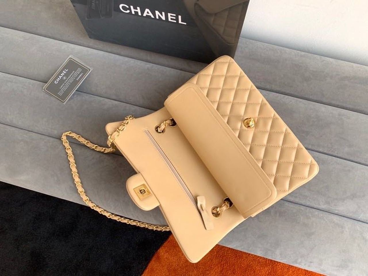 Chanel Classic Flap Bag 25cm Silver Hardware Lambskin Leather Spring/Summer Collection Beige - Image 3