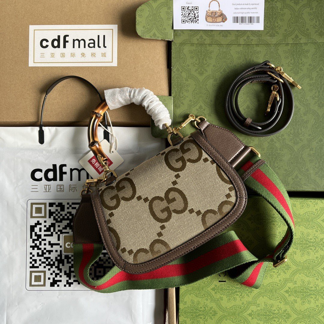 Gucci Bamboo 1947 Jumbo GG Small Top Handle Bag Camel And Ebony Jumbo GG Canvas Brown For Women 8.3in/21cm - Image 3