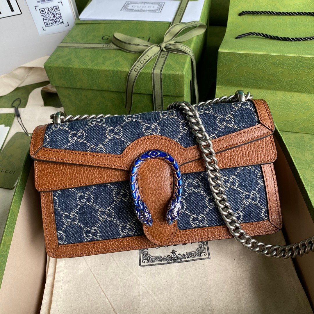 Gucci Dionysus Small Shoulder Bag Dark Blue And Ivory Eco Washed Organic GG Jacquard Deni For Women 11in/28cm