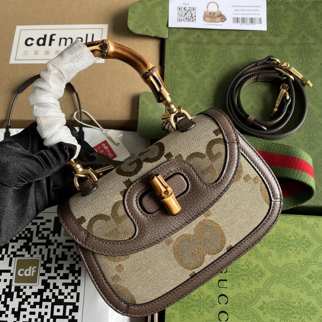 Gucci Bamboo 1947 Jumbo GG Small Top Handle Bag Camel And Ebony Jumbo GG Canvas Brown For Women 8.3in/21cm - Image 4