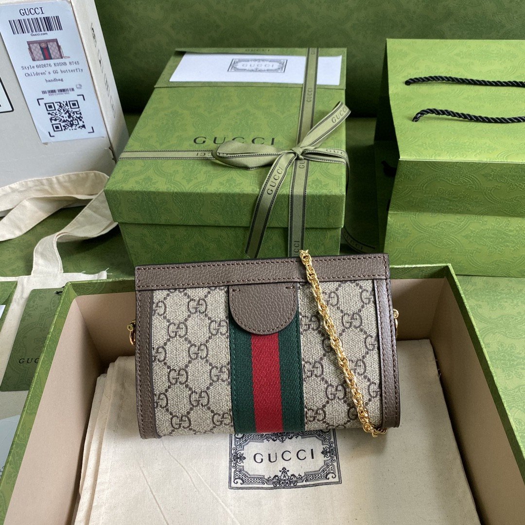 Gucci Ophidia Mini Shoulder Bag Beige/Ebony GG Supreme Canvas Green And Red Web Detail Brown For Women 7.5in/19cm
