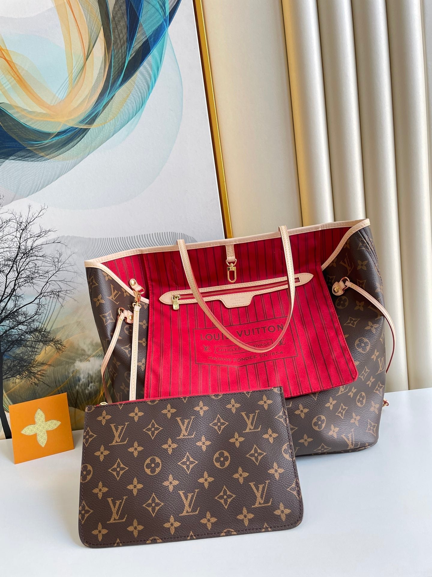 Louis Vuitton Neverfull MM Bag 32cm Damier Azur Canvas Fall/Winter Collection N41361, Red