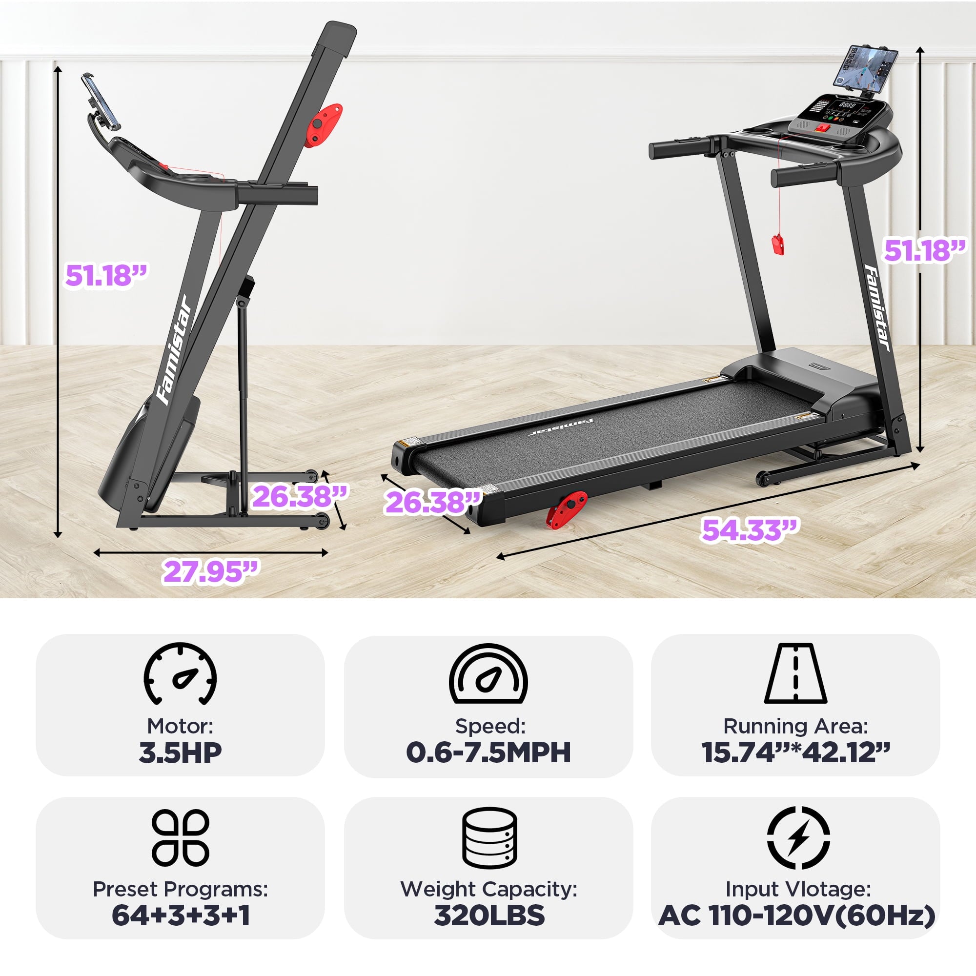 Treadmill for Home, Portable Folding Electric Exercise Treadmill with Adjustable Incline, APP Control, 64 Programs, 320 lb Capacity, 7.5MPH, Bluetooth Speakers, Running Walking Jogging, 12/23 Update - Image 7