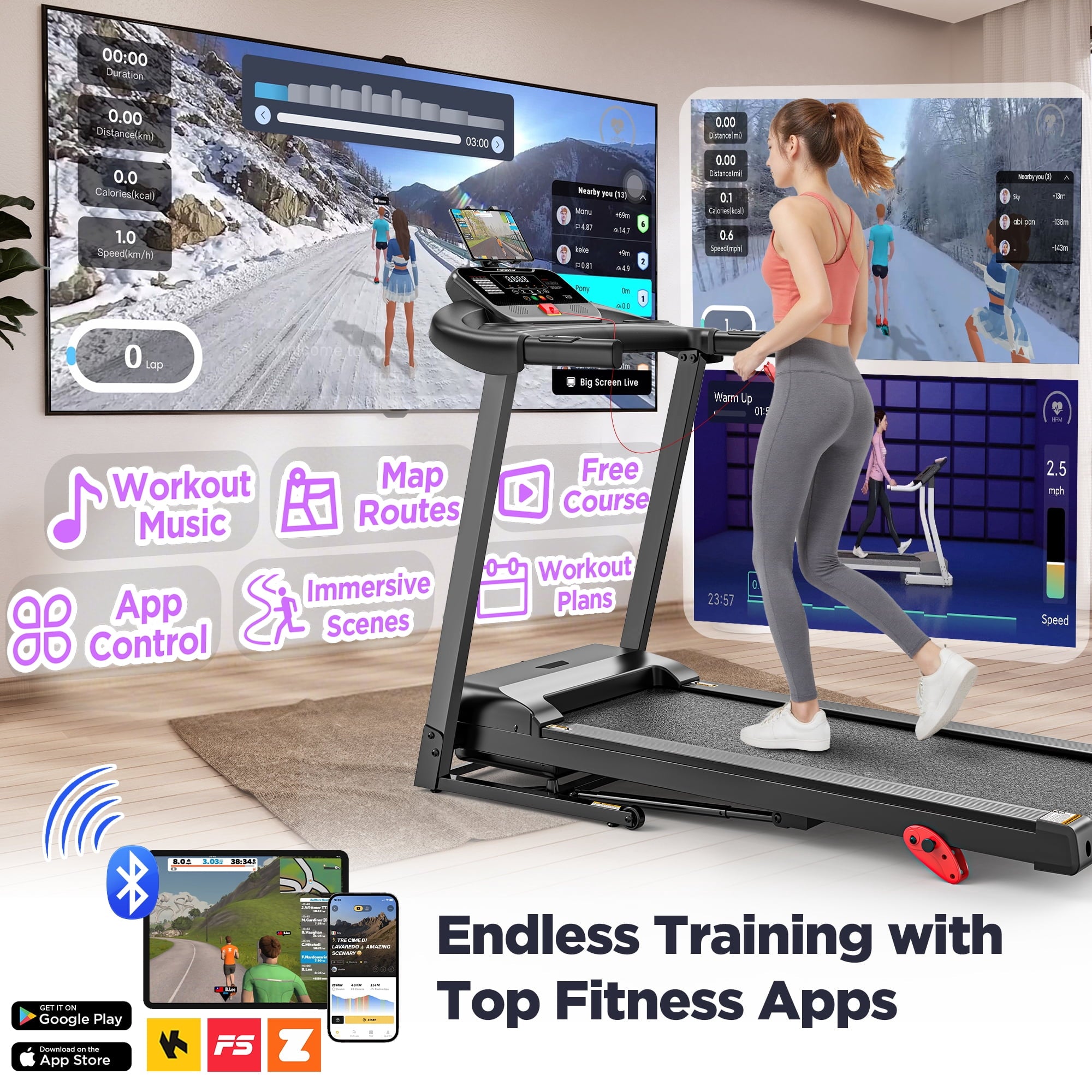Treadmill for Home, Portable Folding Electric Exercise Treadmill with Adjustable Incline, APP Control, 64 Programs, 320 lb Capacity, 7.5MPH, Bluetooth Speakers, Running Walking Jogging, 12/23 Update - Image 5