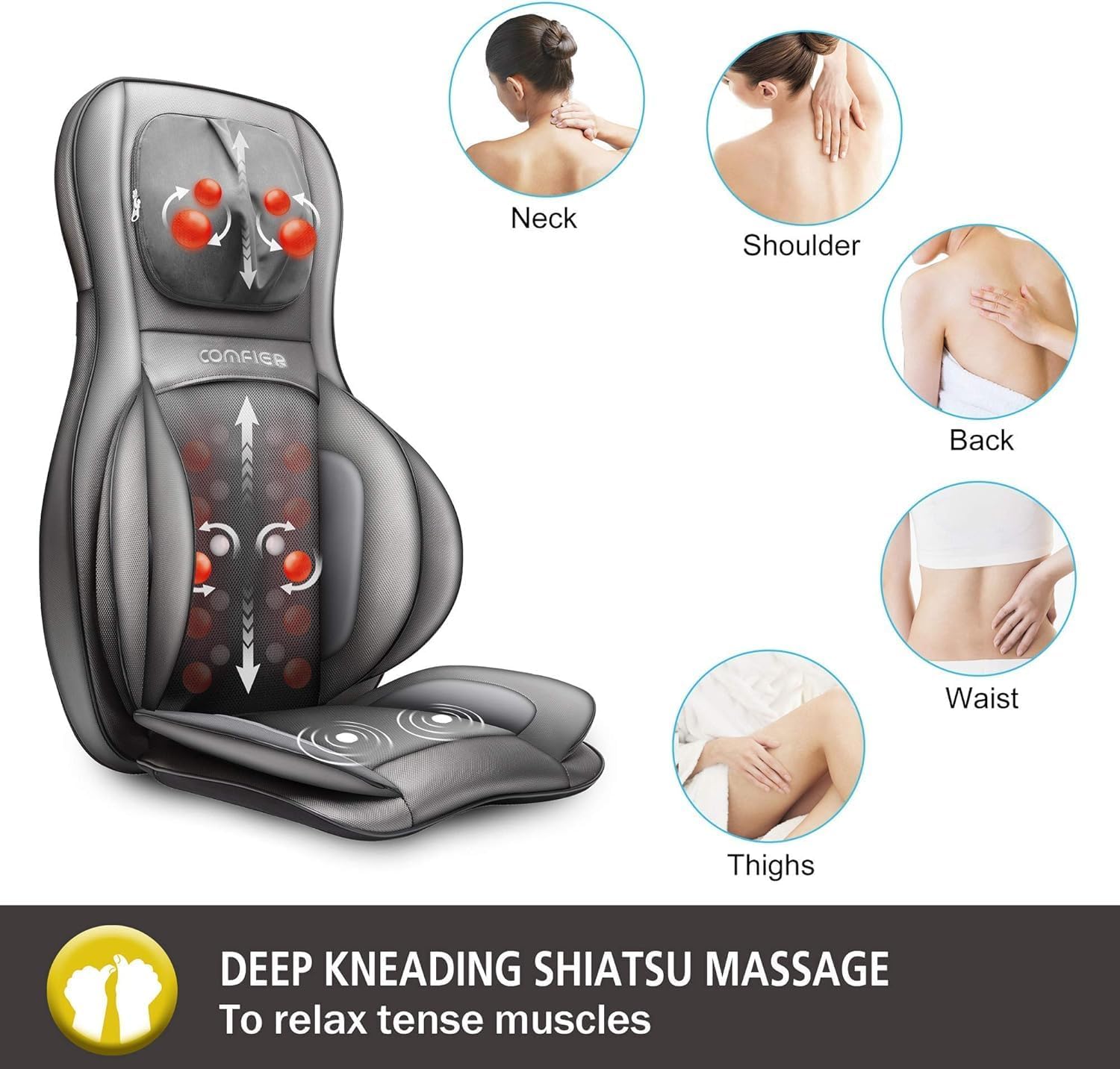 COMFIER Massager Chair with Heat, Shiatsu Neck Back Massager Portable with Compression & Rolling,Massage Chair Pad for Neck & Back for Muscle Tension Relief - Image 3