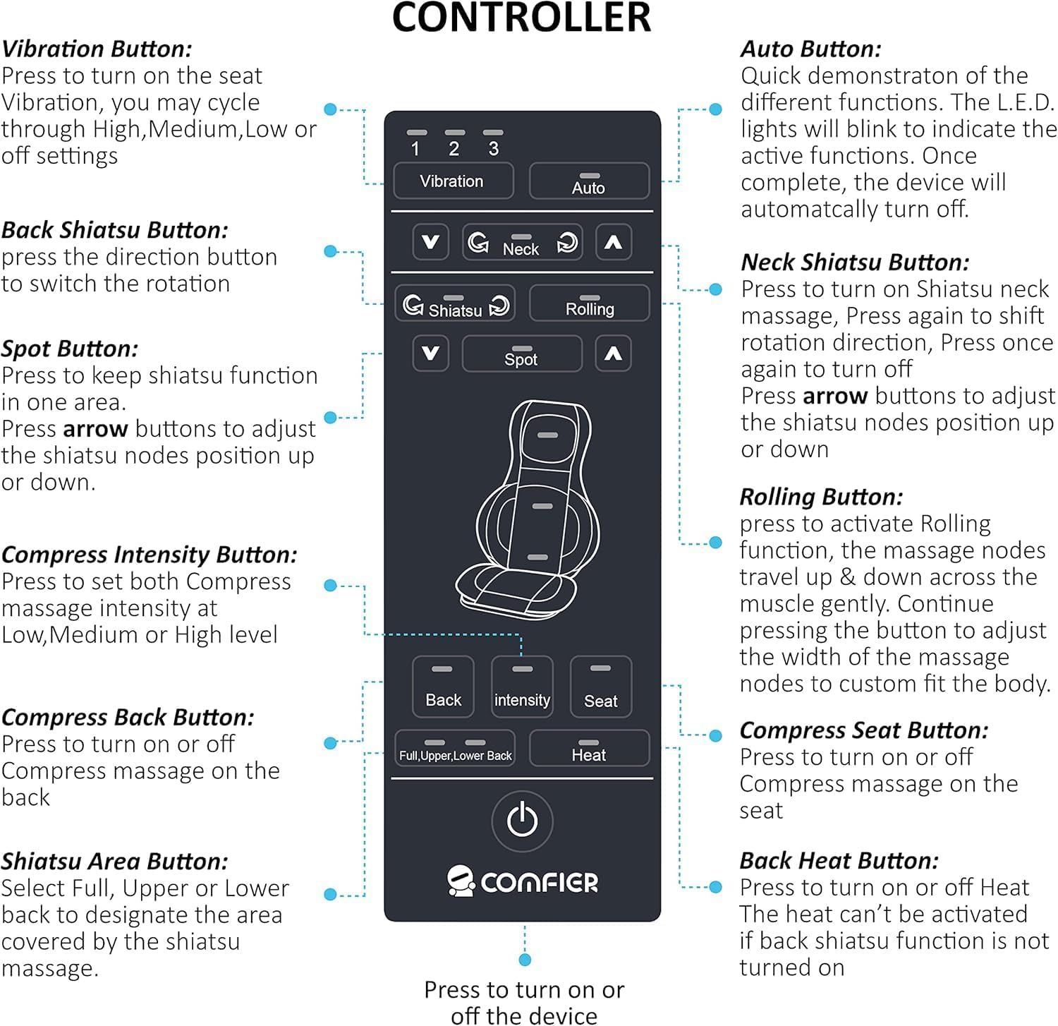COMFIER Massager Chair with Heat, Shiatsu Neck Back Massager Portable with Compression & Rolling,Massage Chair Pad for Neck & Back for Muscle Tension Relief - Image 9