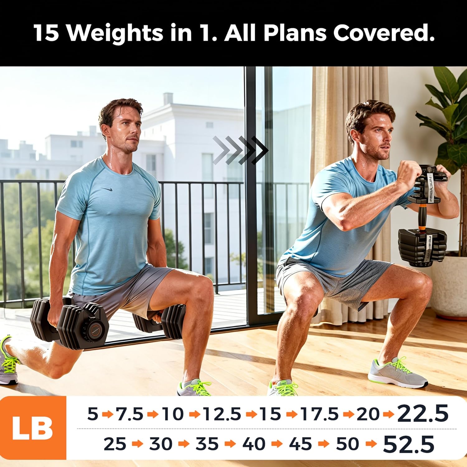 FEIERDUN QuickDial DB1 Adjustable Dumbbell Set, All-in-1 Weight Set, 105lb/52.5lb Free Weight, Space-saver Fitness Equipment for Home Gym 105lb Total - Image 2