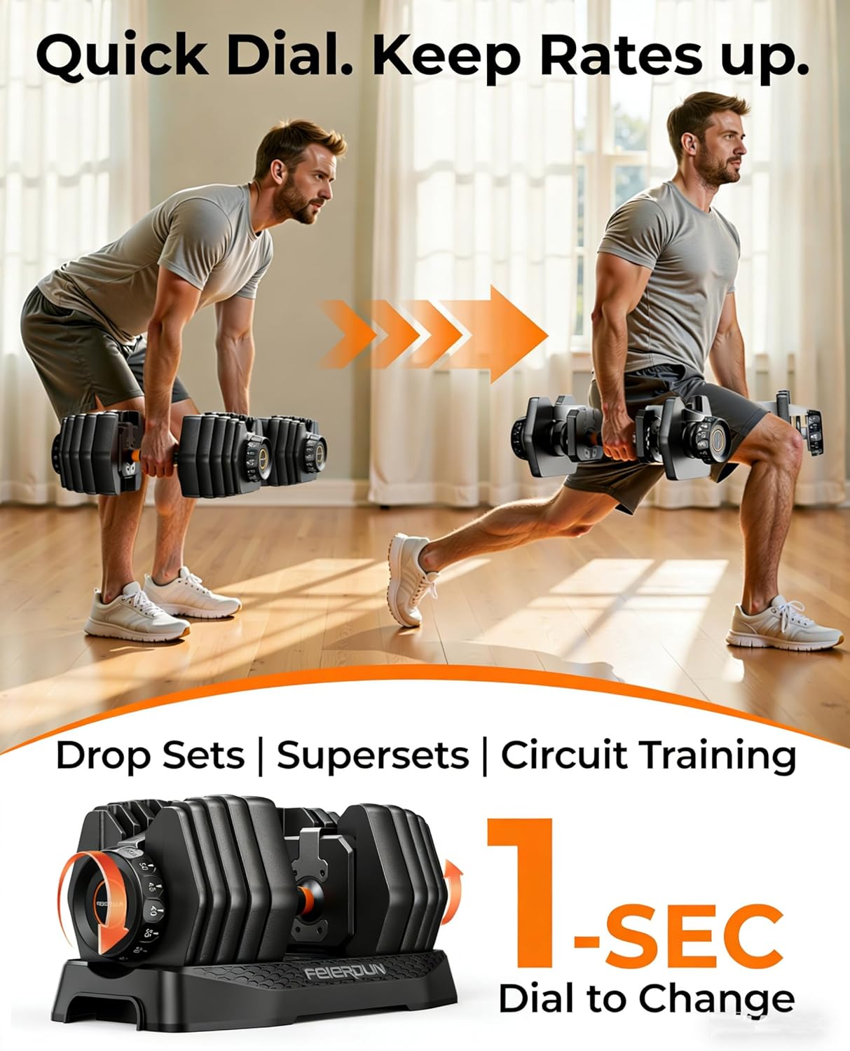 FEIERDUN QuickDial DB1 Adjustable Dumbbell Set, All-in-1 Weight Set, 105lb/52.5lb Free Weight, Space-saver Fitness Equipment for Home Gym 105lb Total - Image 4