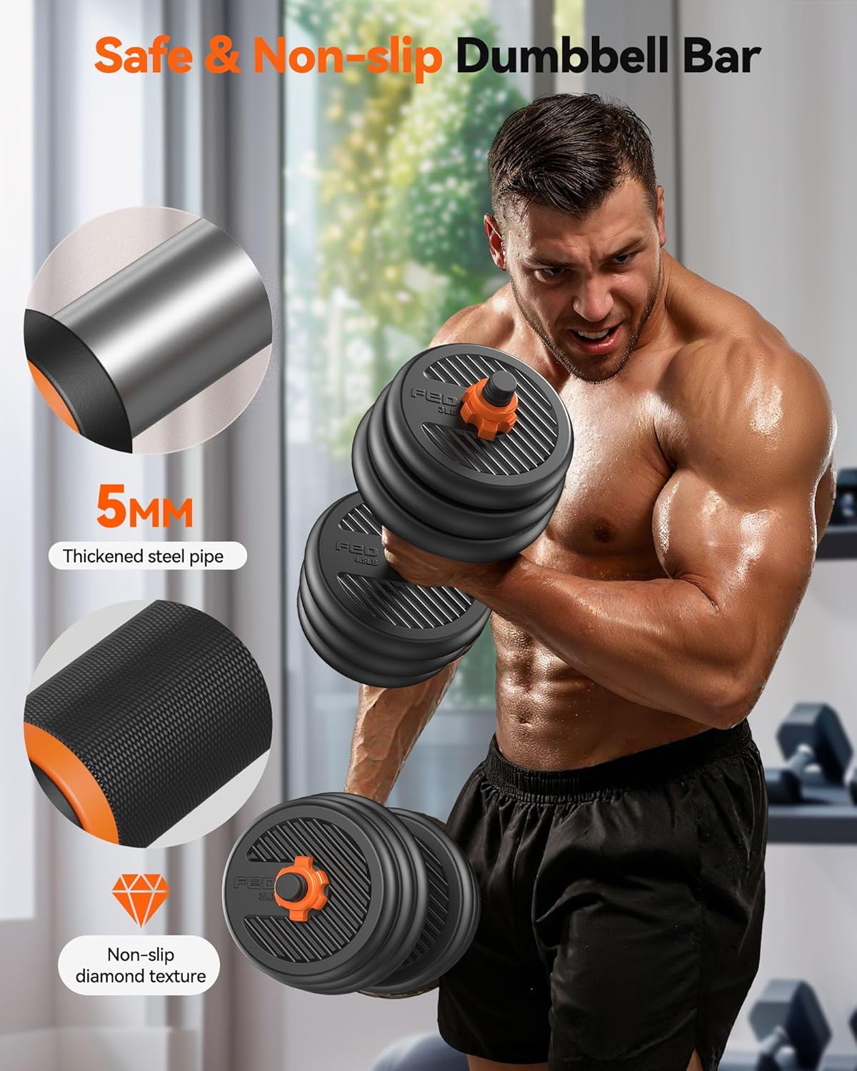 FEIERDUN DS2 Adjustable Dumbbells, 20/30/40/45/70/90lbs Free Weight Set with Connector, 5 in1 Dumbbells Set Used as Barbell, Kettlebells, Push up Stand, Weight Plate, Fitness Exercises for Home Gym Suitable Men/Women - Image 4